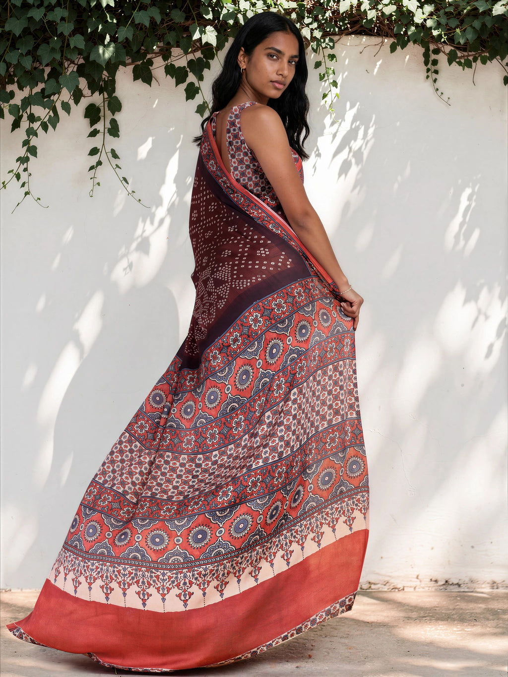 Wine Red Ethnic Motif Satin Georgette Saree
