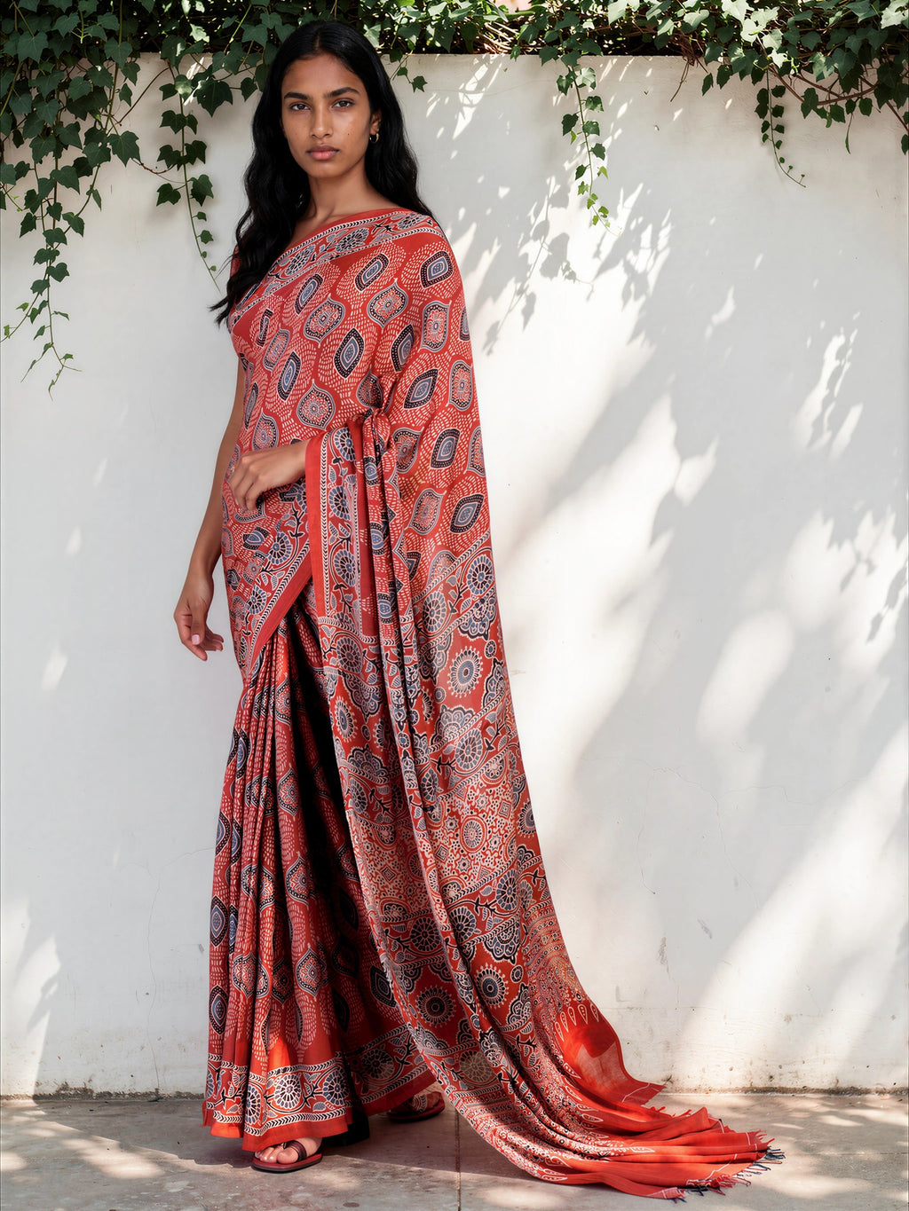 Berry Red Ethnic Motif Satin Georgette Saree