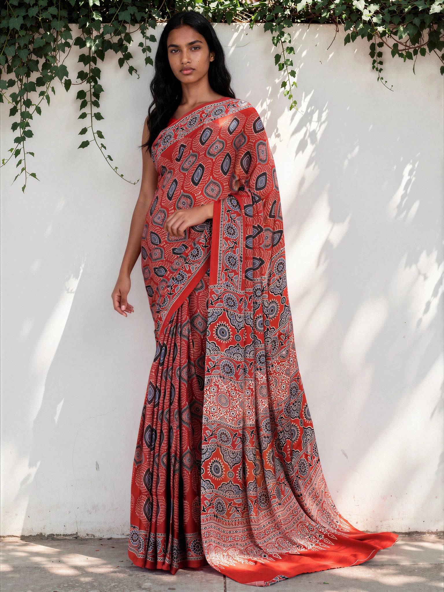 Berry Red Ethnic Motif Satin Georgette Saree