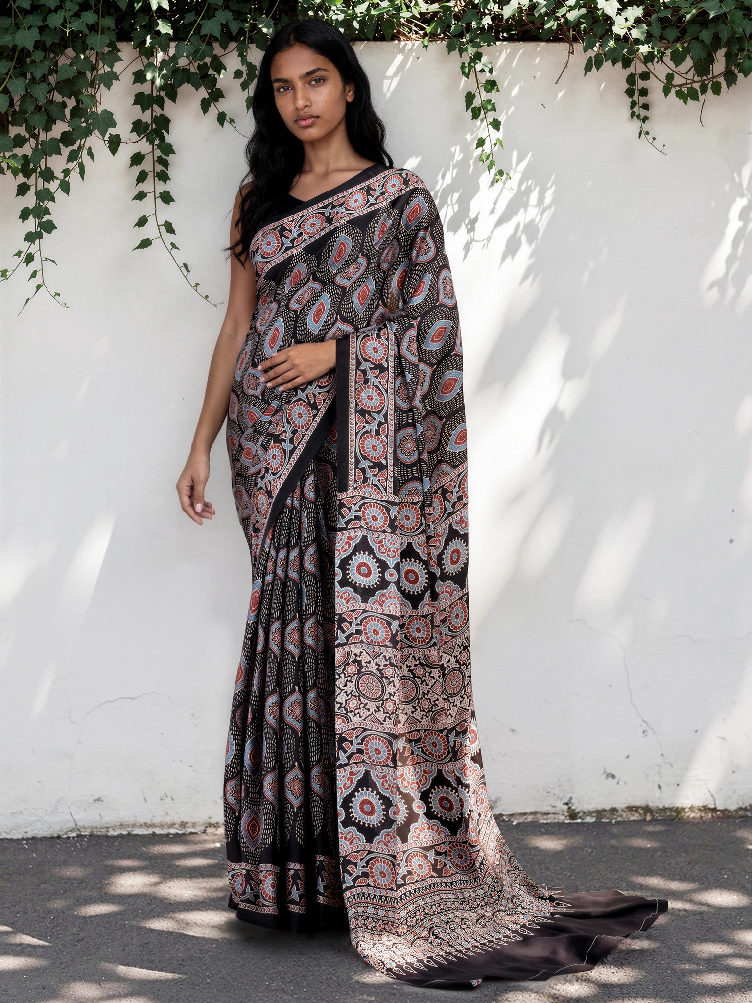 Dark Brown Ethnic Motif Satin Georgette Saree