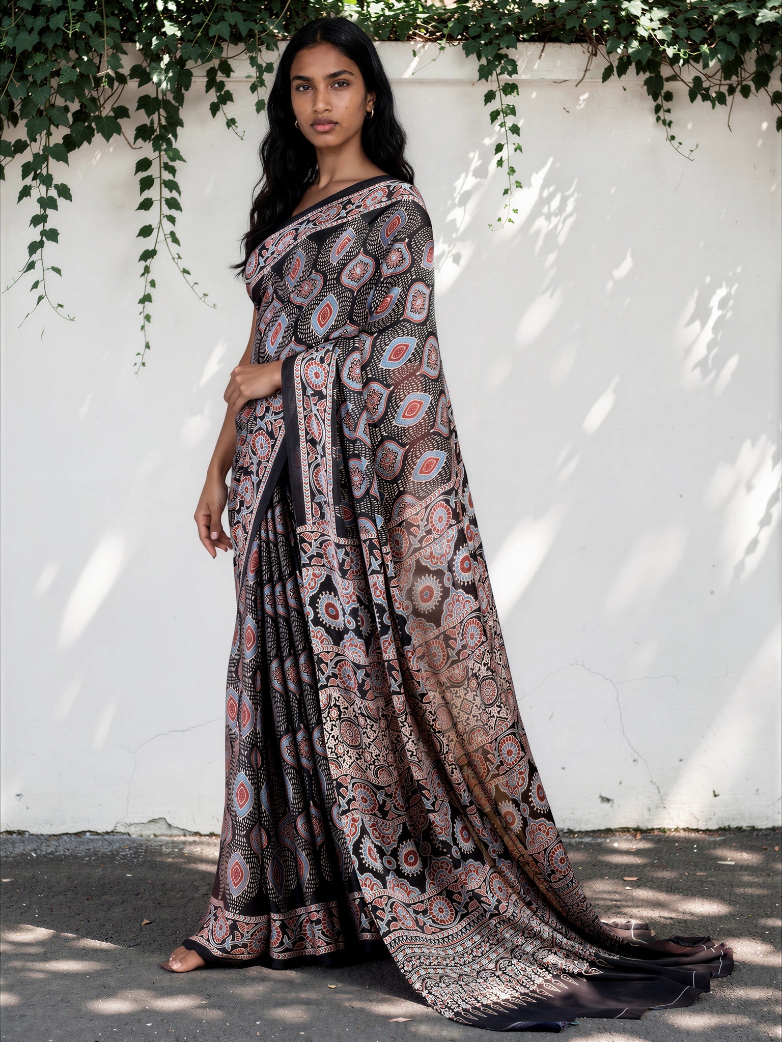 Dark Brown Ethnic Motif Satin Georgette Saree