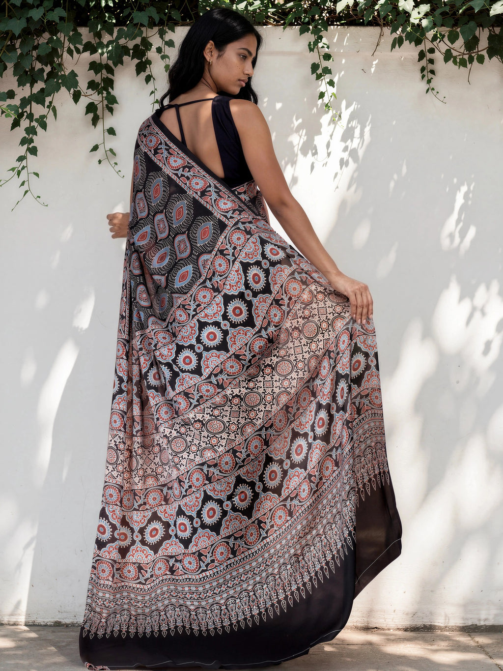 Dark Brown Ethnic Motif Satin Georgette Saree