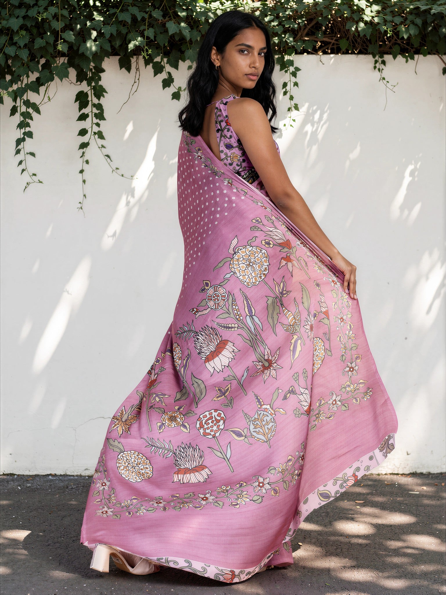 Lilac Purple Ethnic Motif Satin Georgette Saree