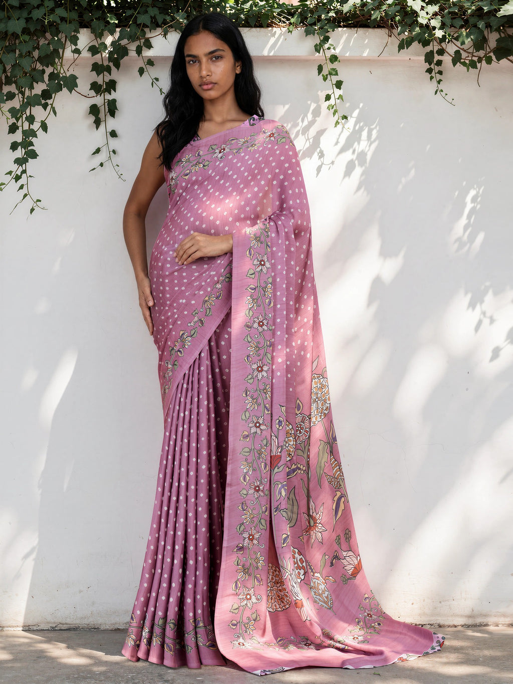 Lilac Purple Ethnic Motif Satin Georgette Saree