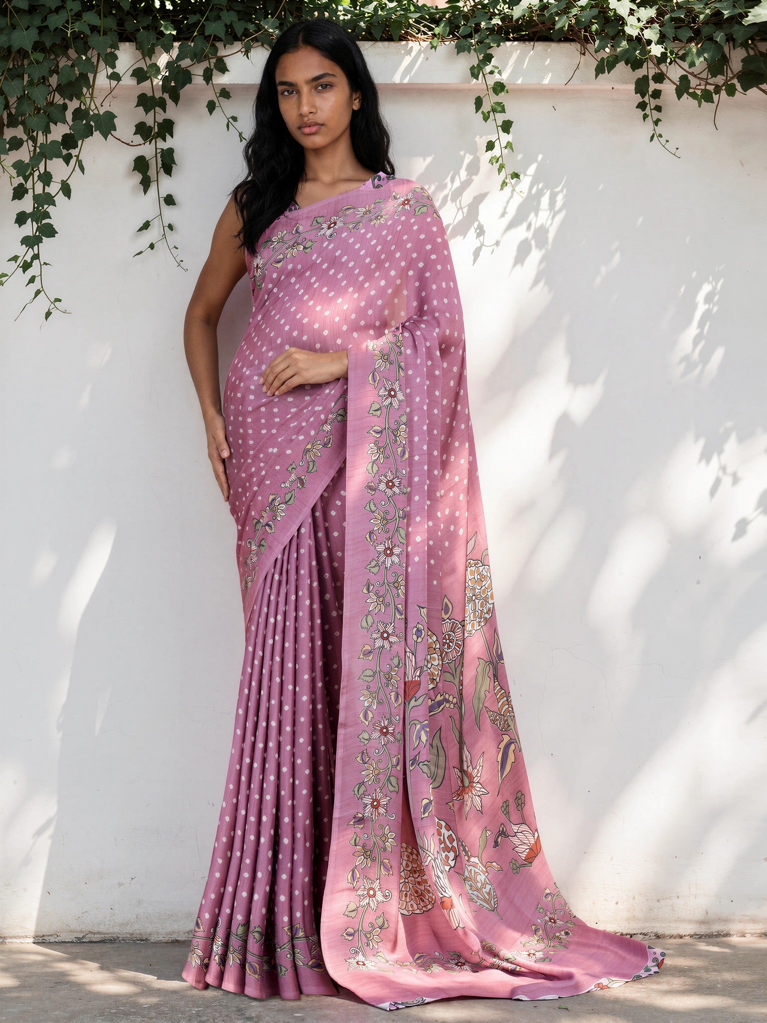 Lilac Purple Ethnic Motif Satin Georgette Saree