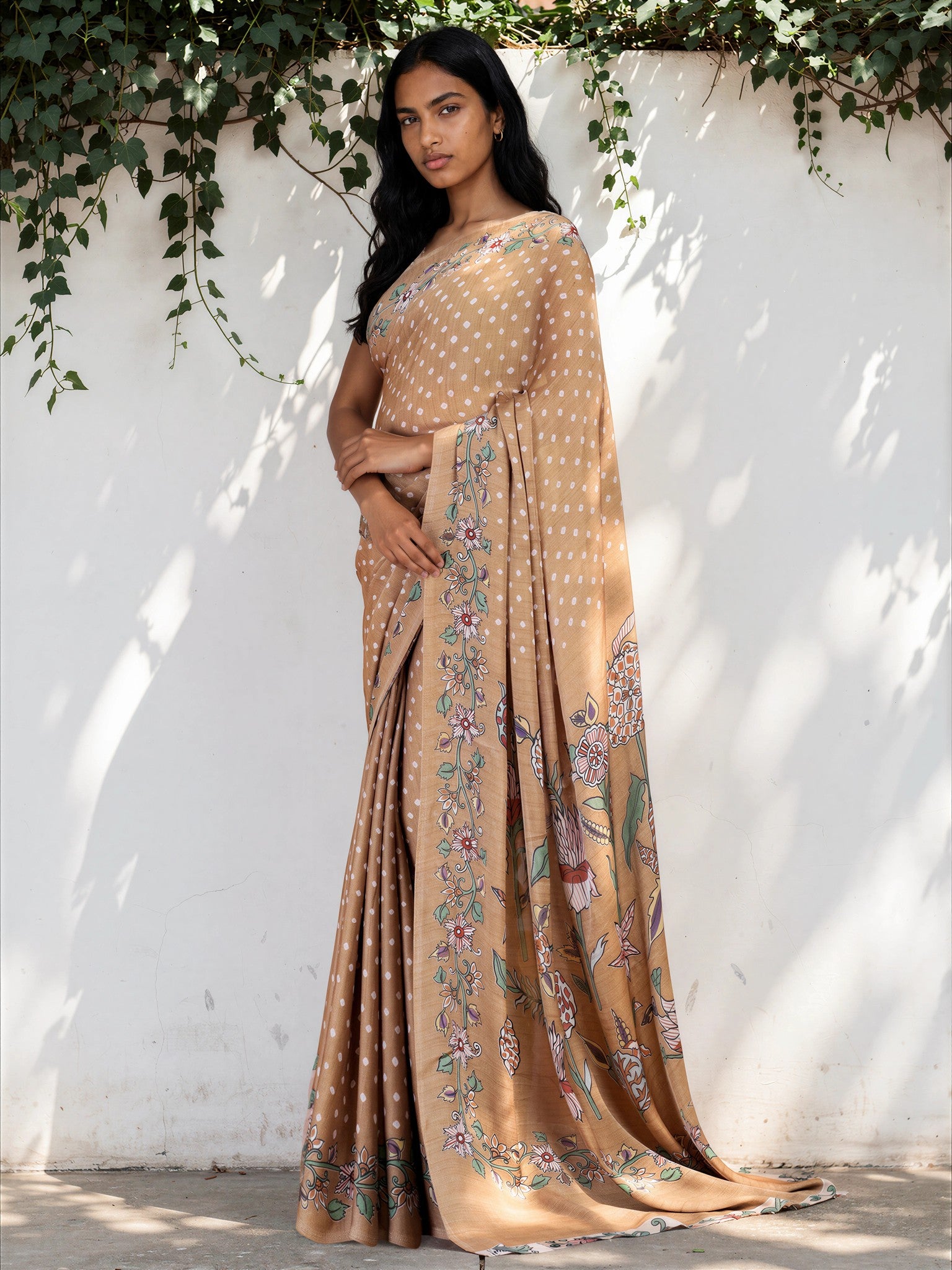 Khaki Brown Ethnic Motif Satin Georgette Saree