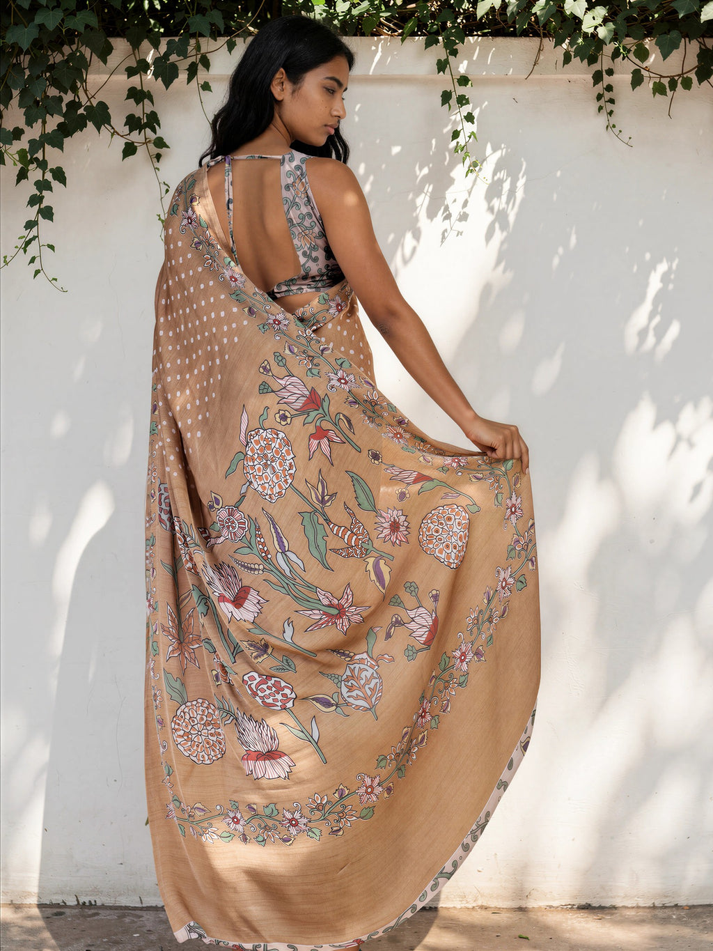 Khaki Brown Ethnic Motif Satin Georgette Saree