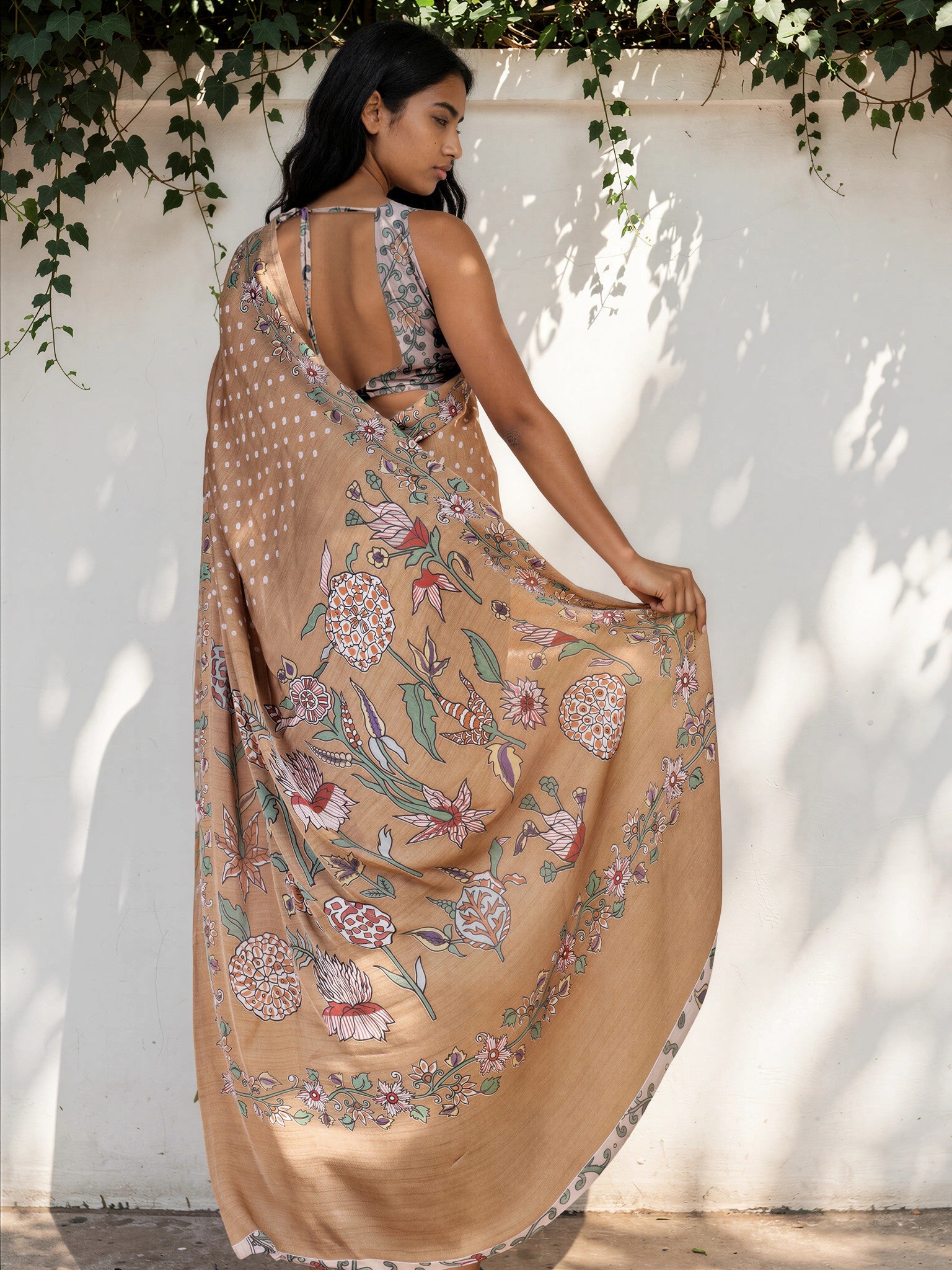 Khaki Brown Ethnic Motif Satin Georgette Saree