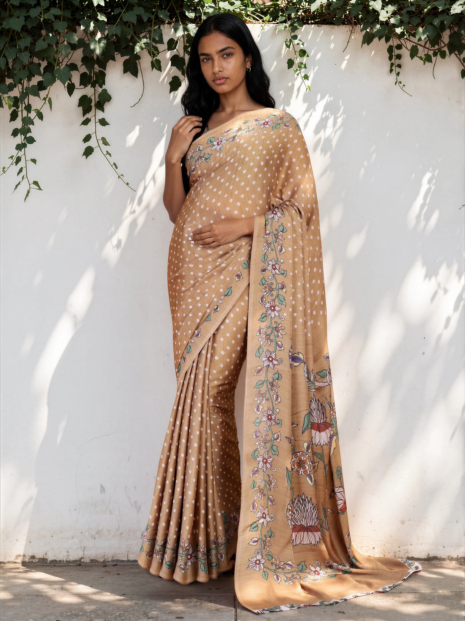 Khaki Brown Ethnic Motif Satin Georgette Saree