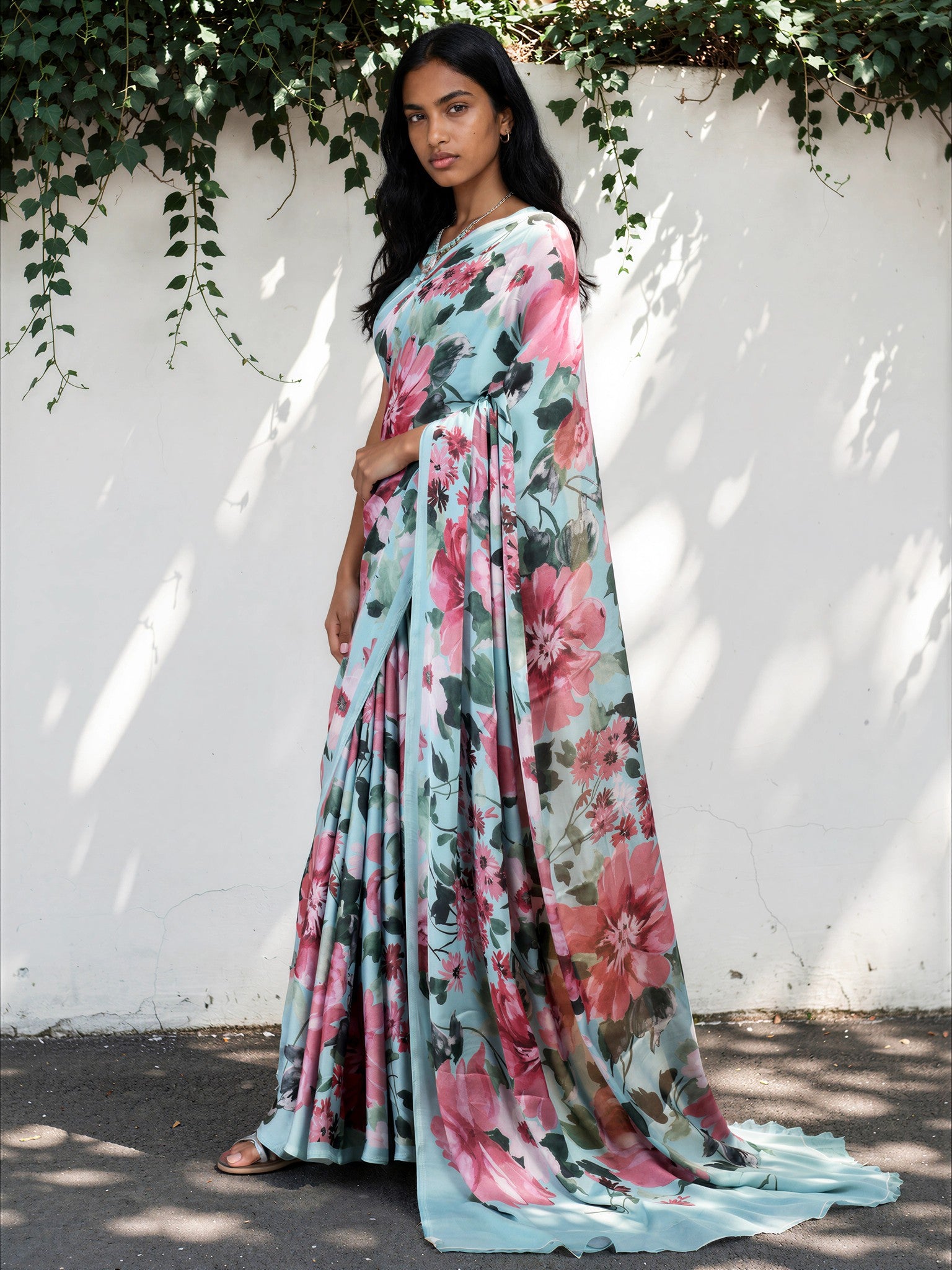 Sky Blue Floral  Satin Georgette Saree