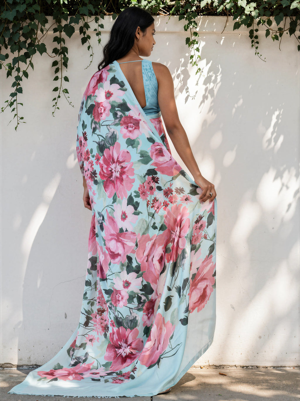 Sky Blue Floral  Satin Georgette Saree