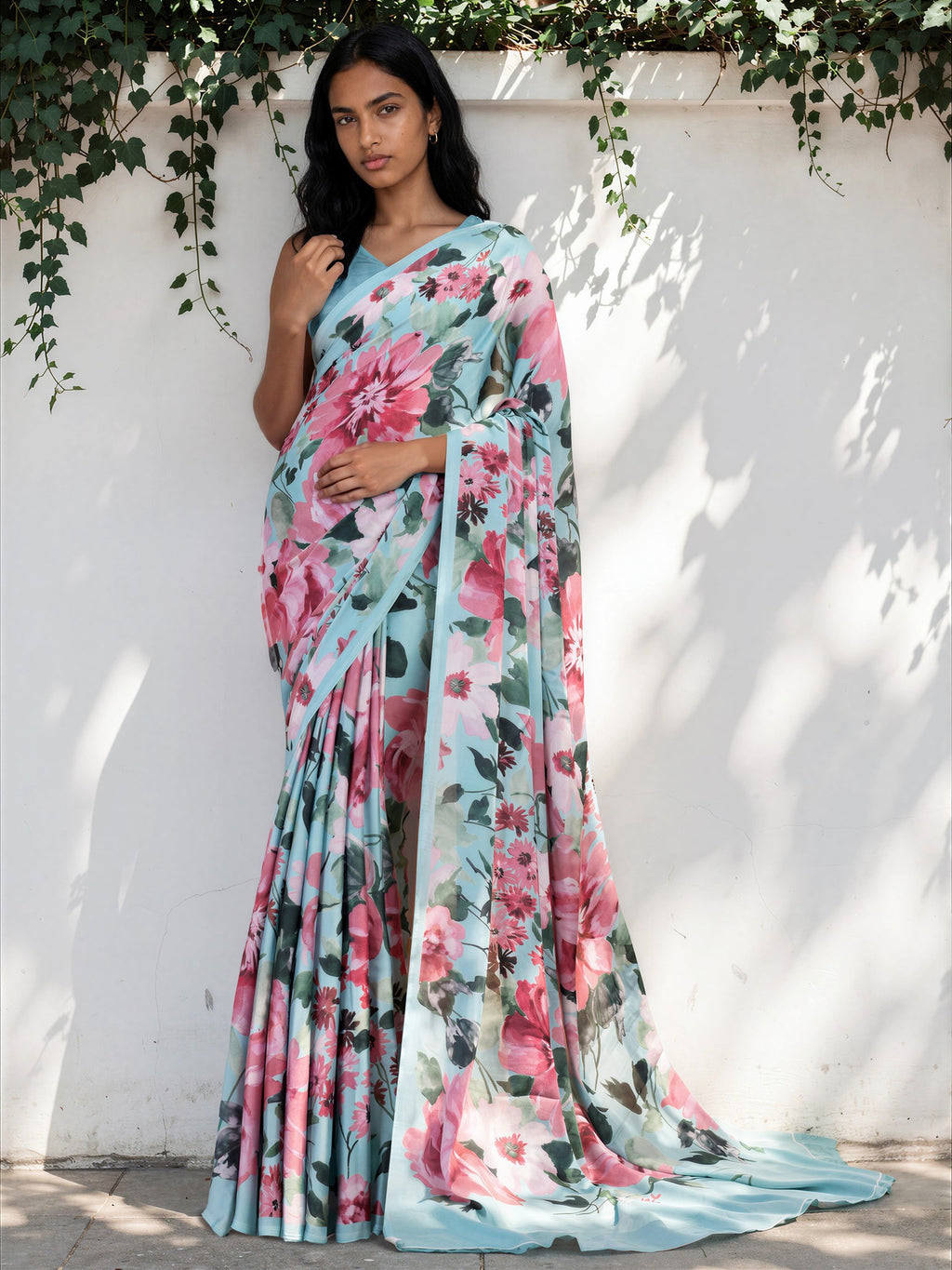Sky Blue Floral  Satin Georgette Saree