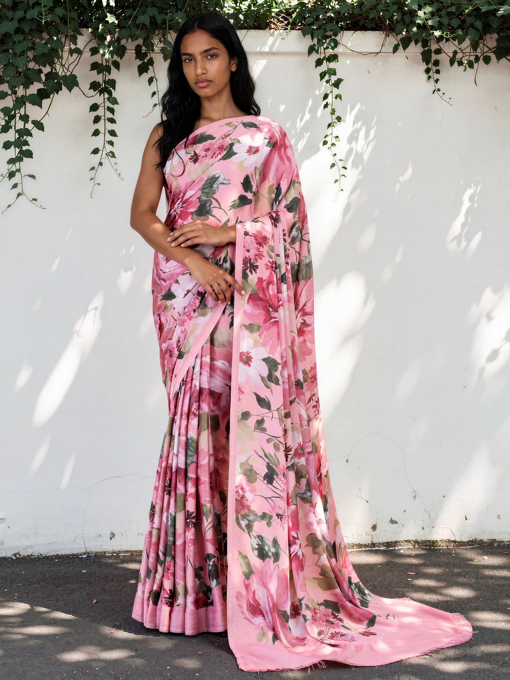 Baby Pink Floral  Satin Georgette Saree