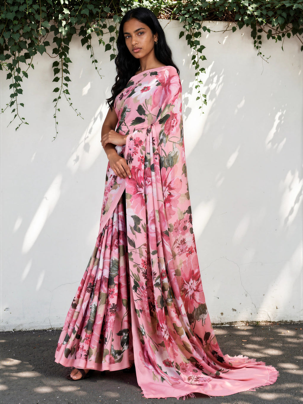 Baby Pink Floral  Satin Georgette Saree