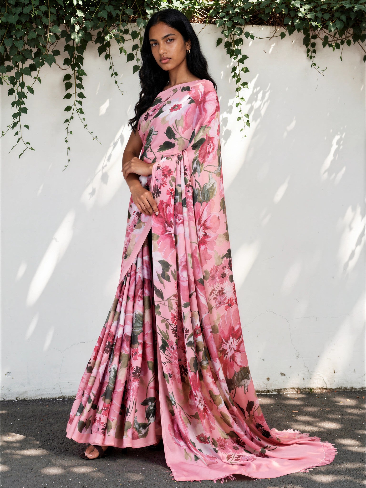 Baby Pink Floral  Satin Georgette Saree