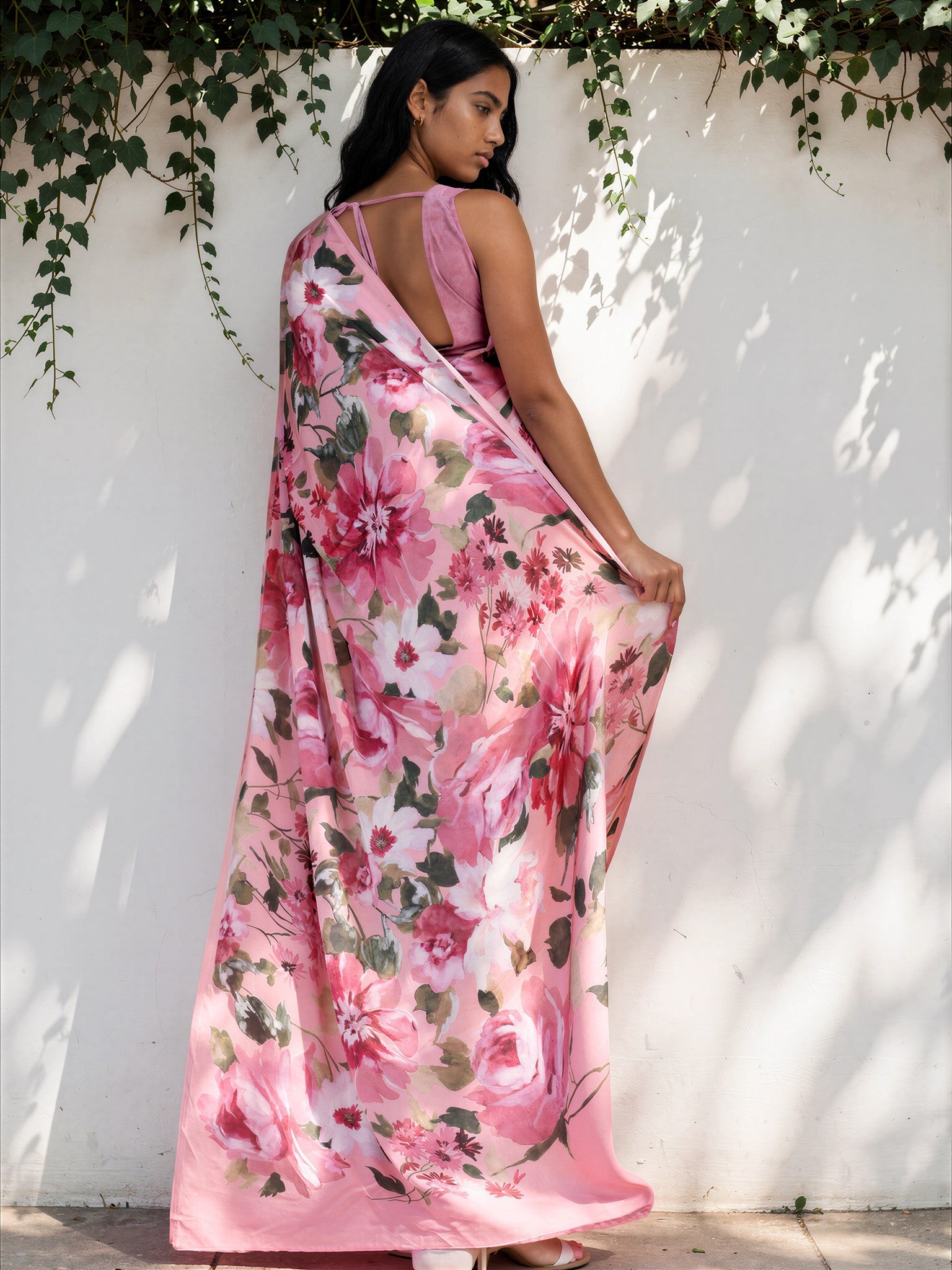 Baby Pink Floral  Satin Georgette Saree