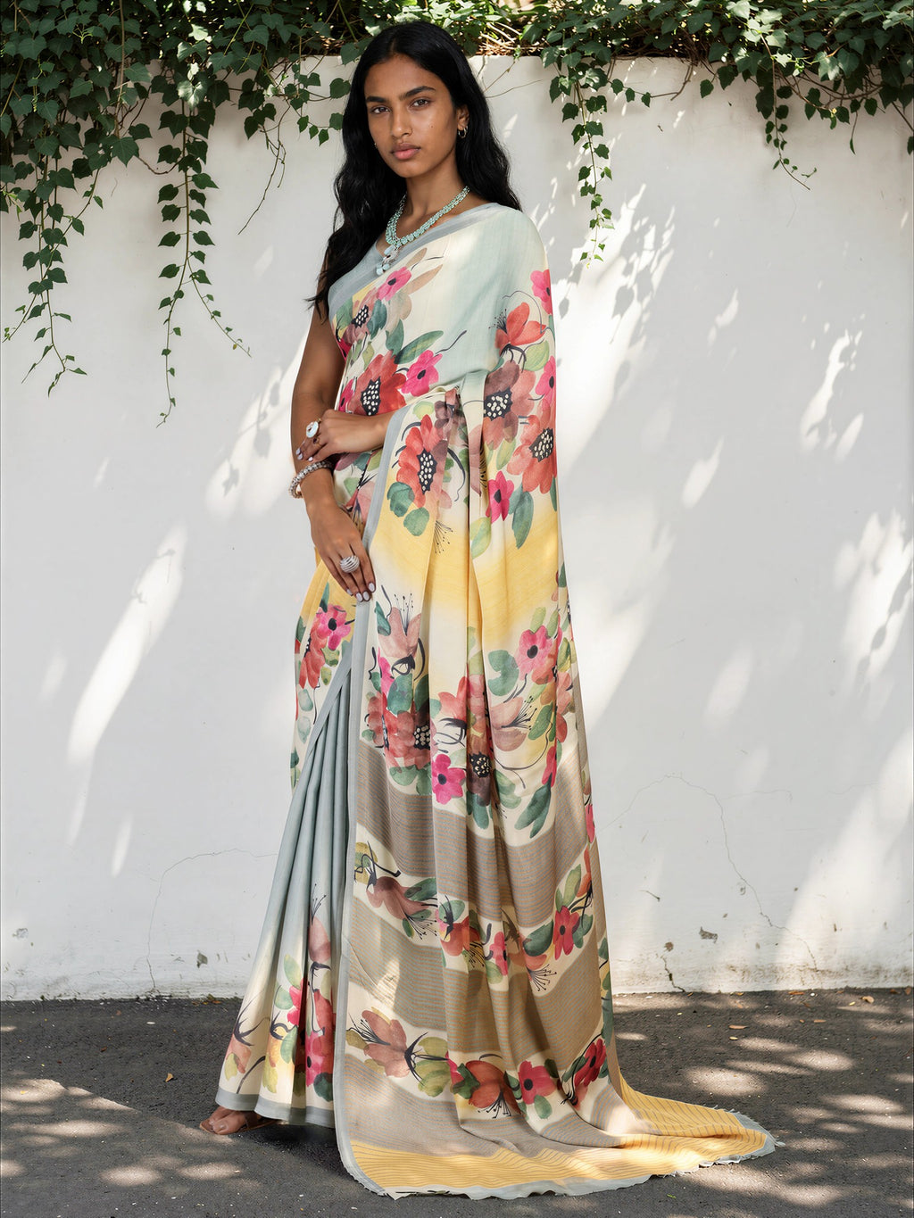 Mint Green Floral  Satin Georgette Saree