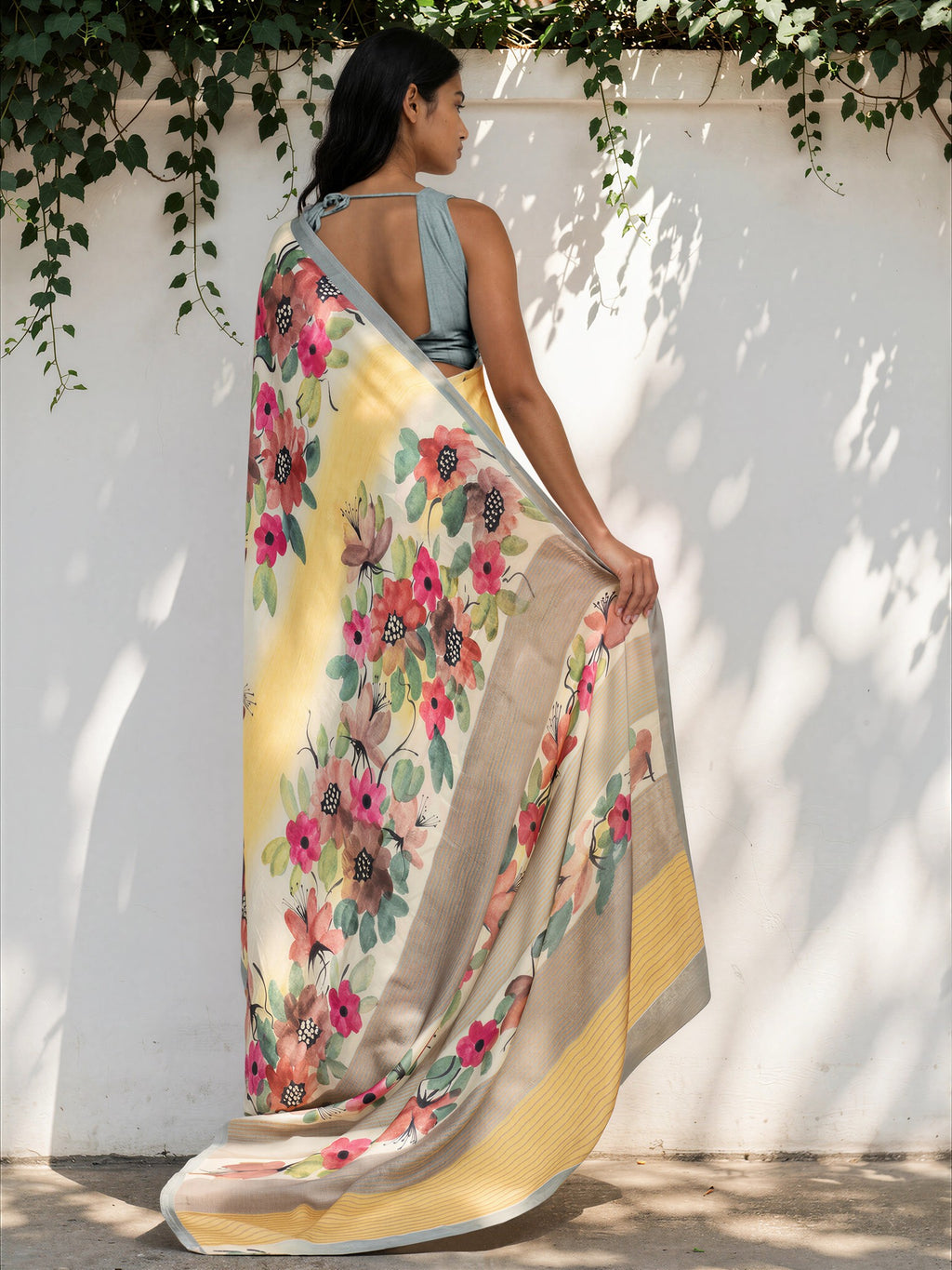 Mint Green Floral  Satin Georgette Saree