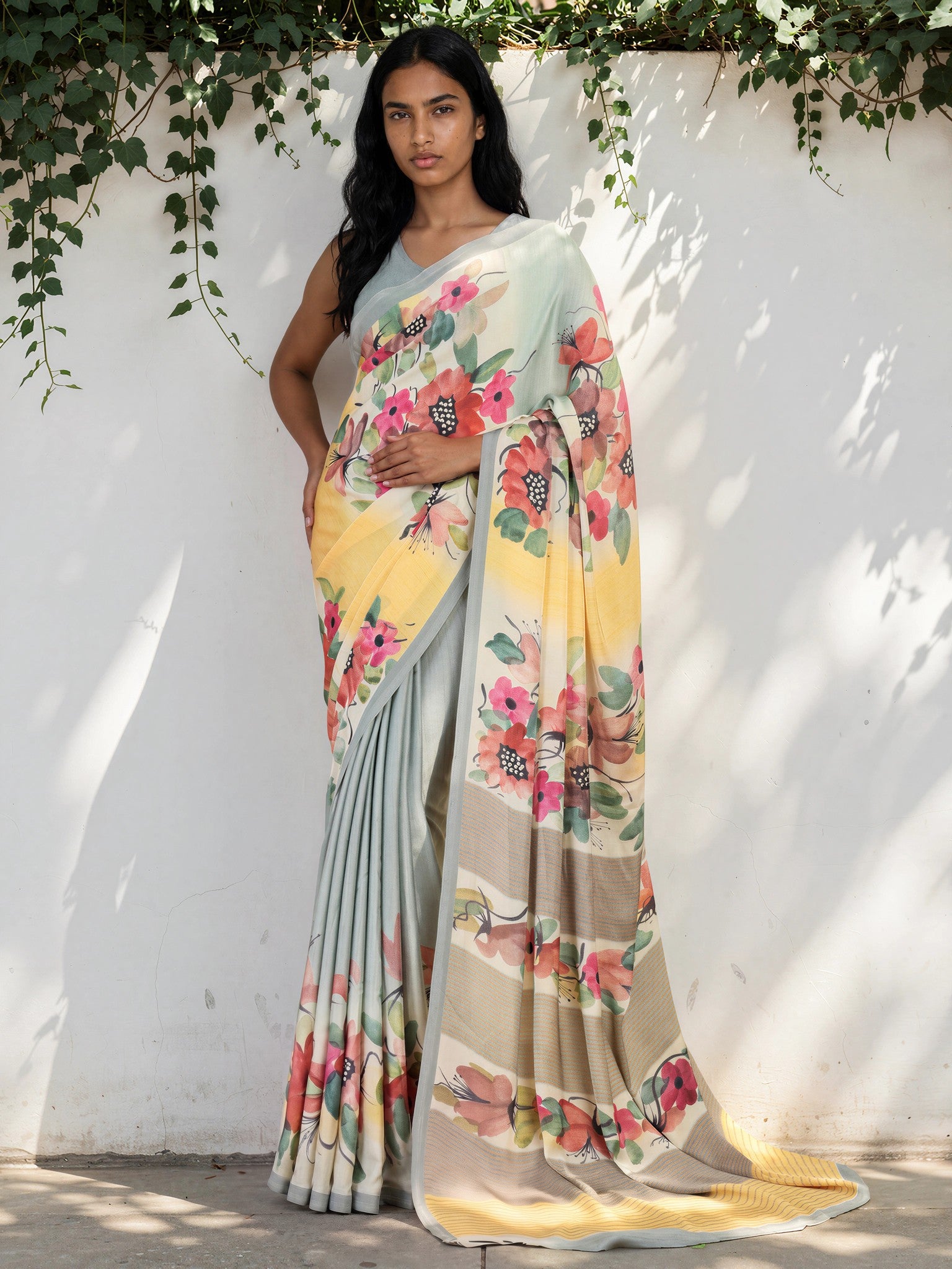 Mint Green Floral  Satin Georgette Saree