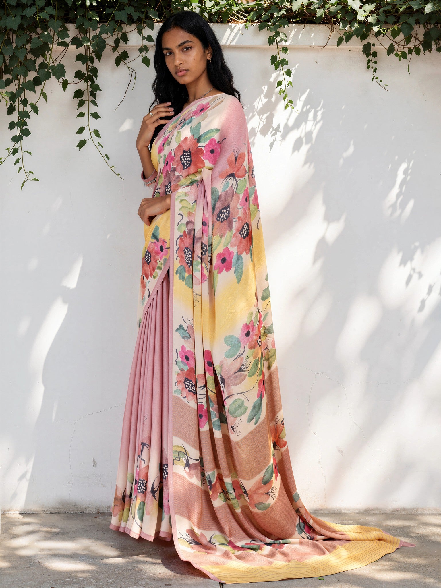 Light Yellow Floral  Satin Georgette Saree