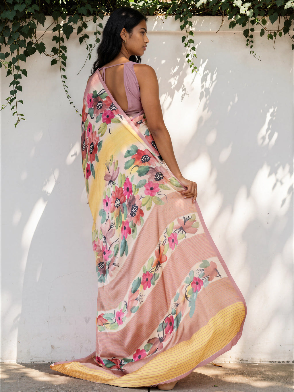 Light Yellow Floral  Satin Georgette Saree