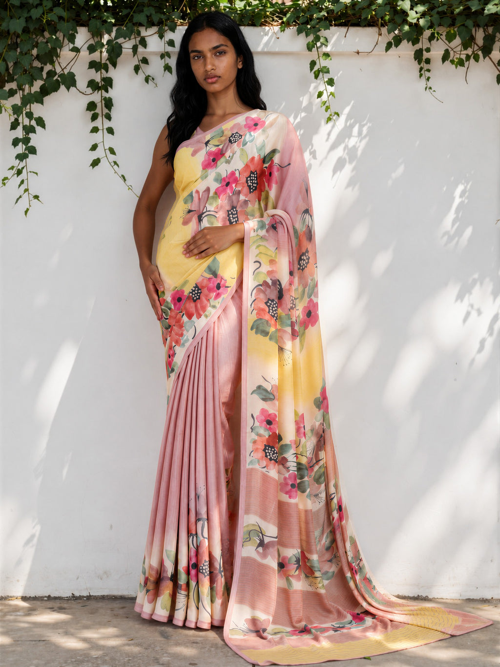 Light Yellow Floral  Satin Georgette Saree