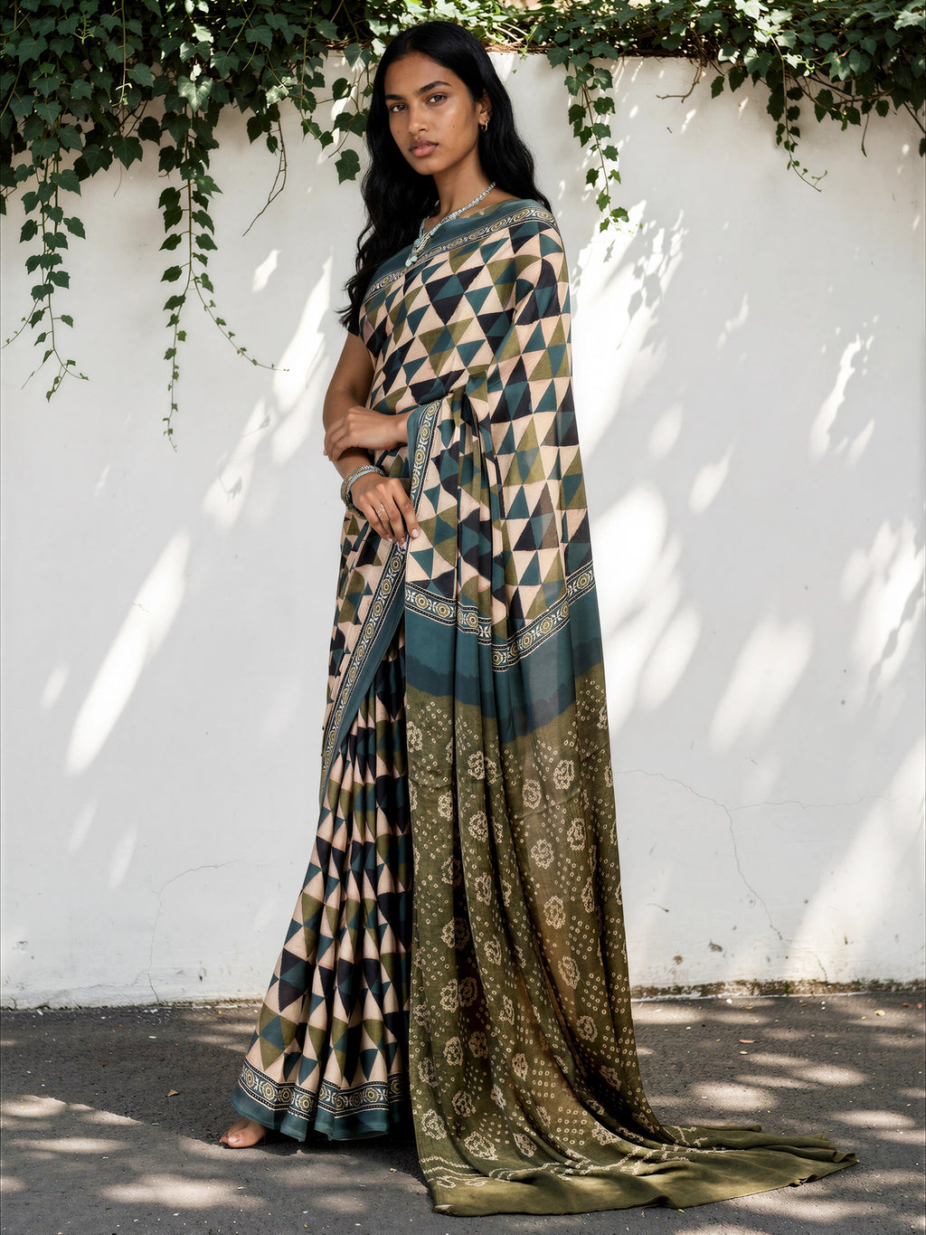 Teal Blue Ethnic Motif Satin Georgette Saree