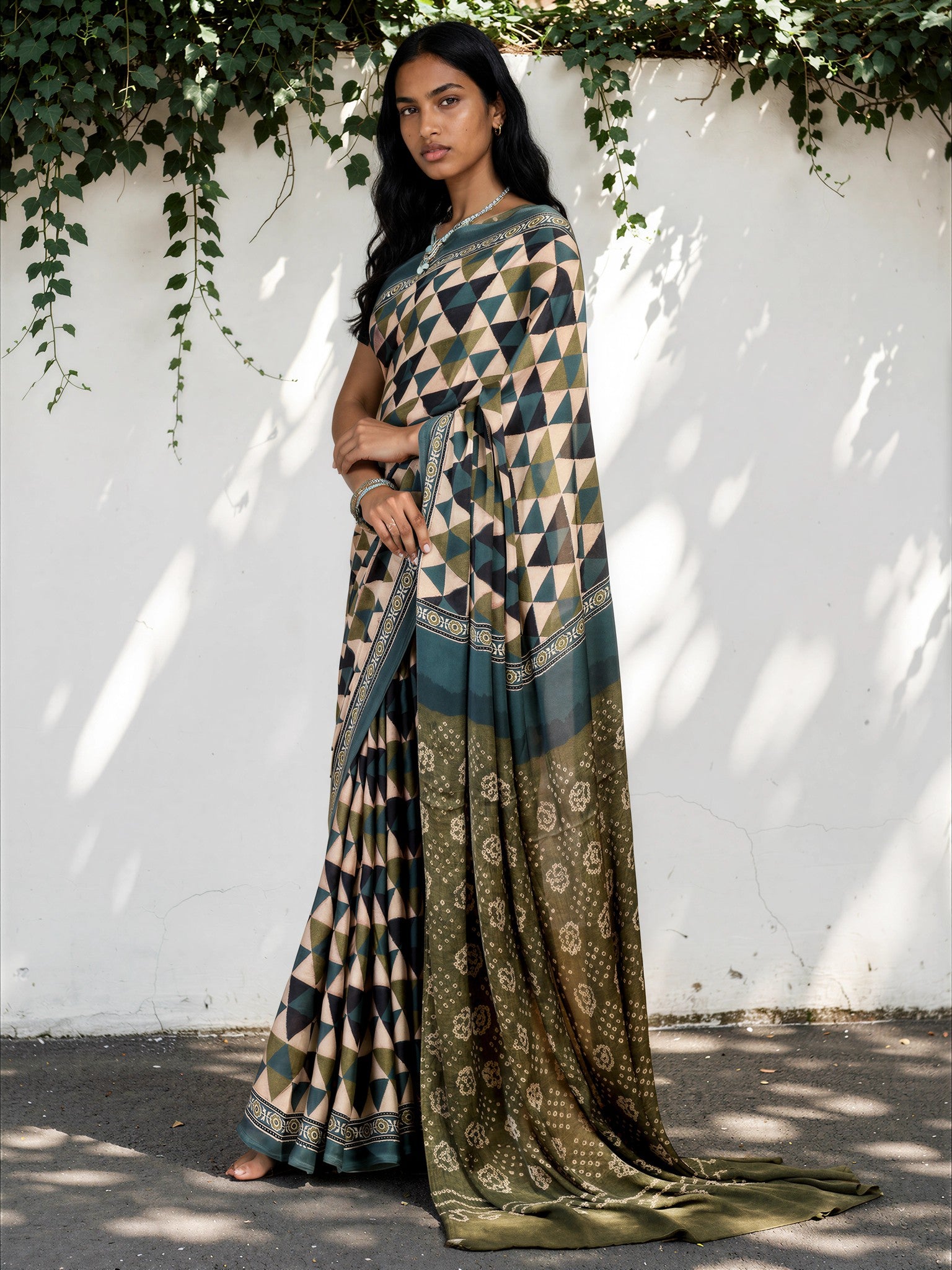 Teal Blue Ethnic Motif Satin Georgette Saree