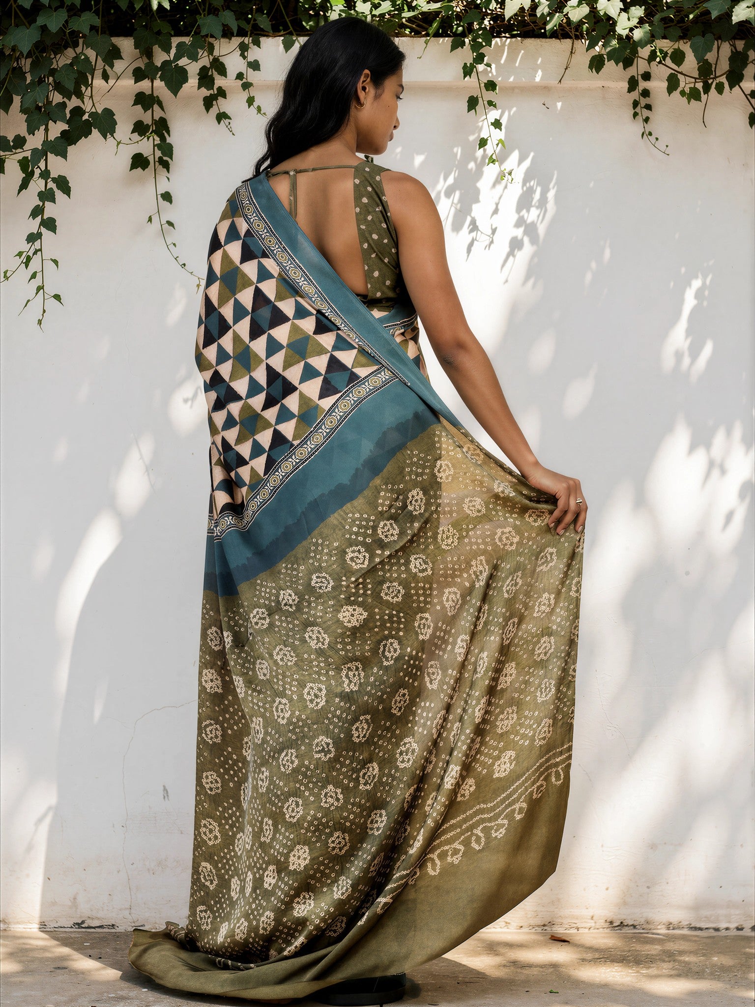 Teal Blue Ethnic Motif Satin Georgette Saree