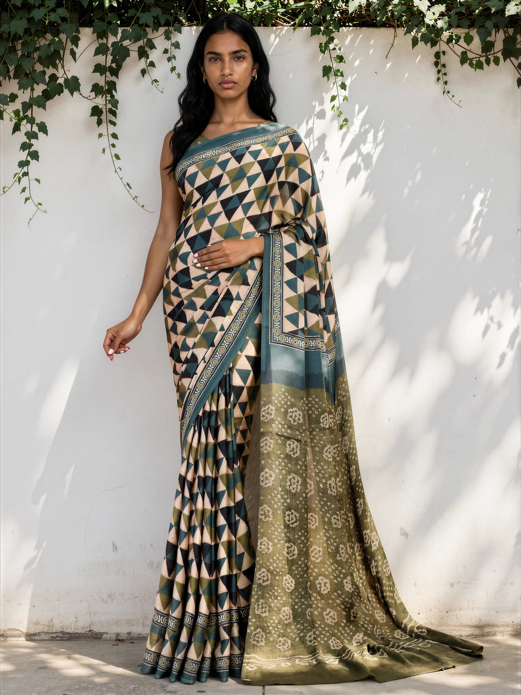 Teal Blue Ethnic Motif Satin Georgette Saree