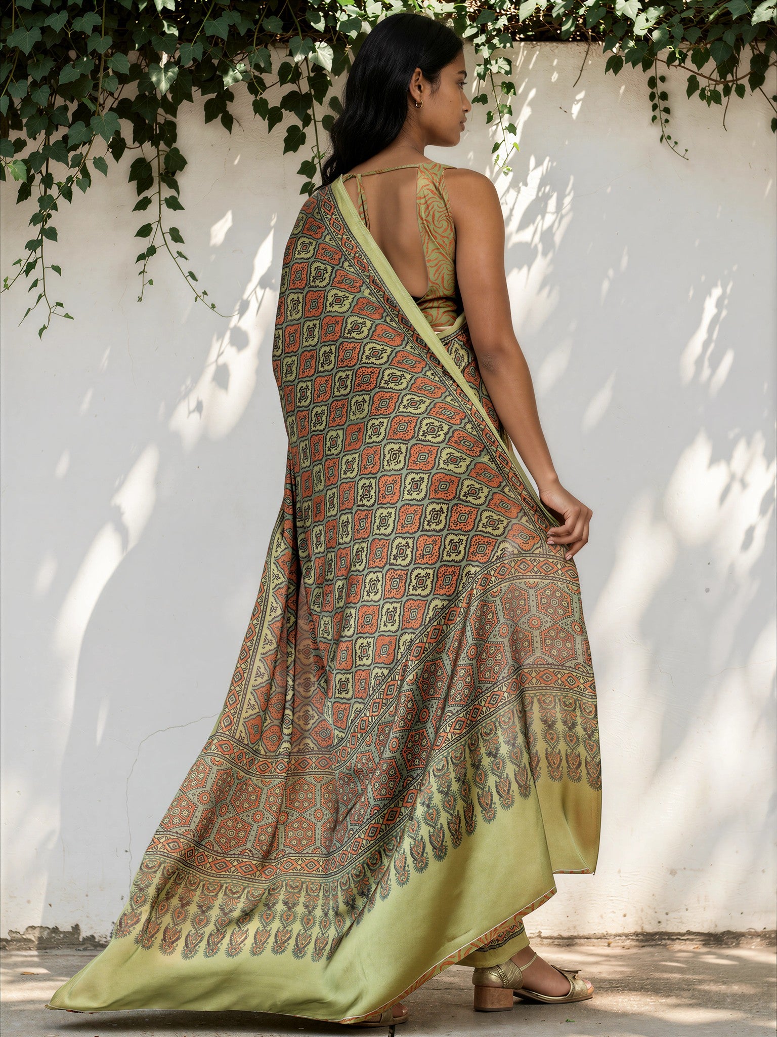 Mint Green Ethnic Motif Satin Georgette Saree
