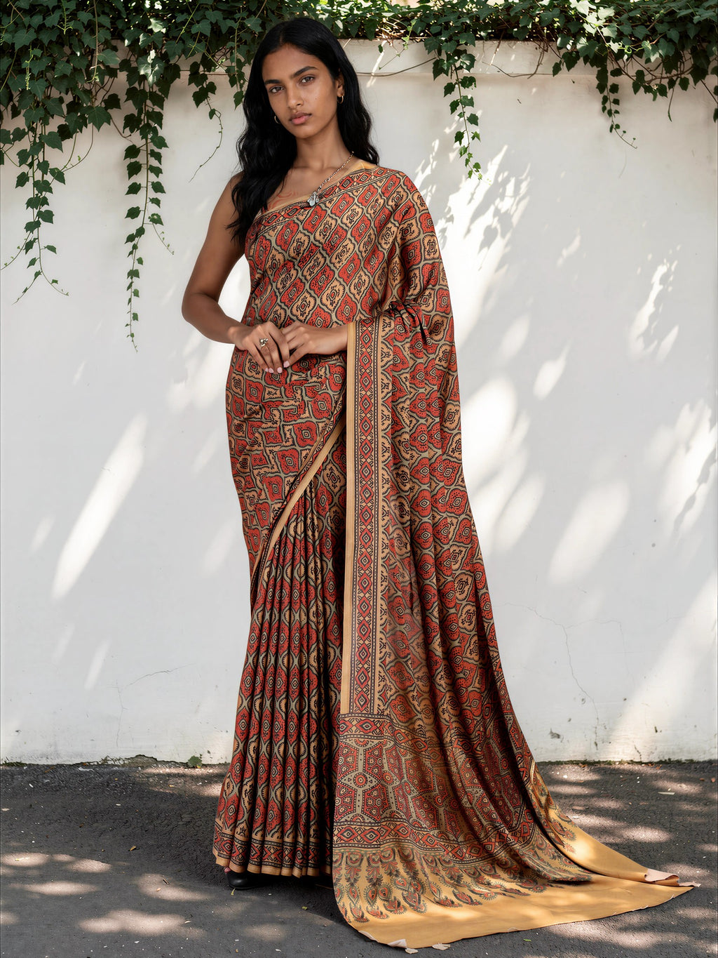 Coffee Brown Ethnic Motif Satin Georgette Saree