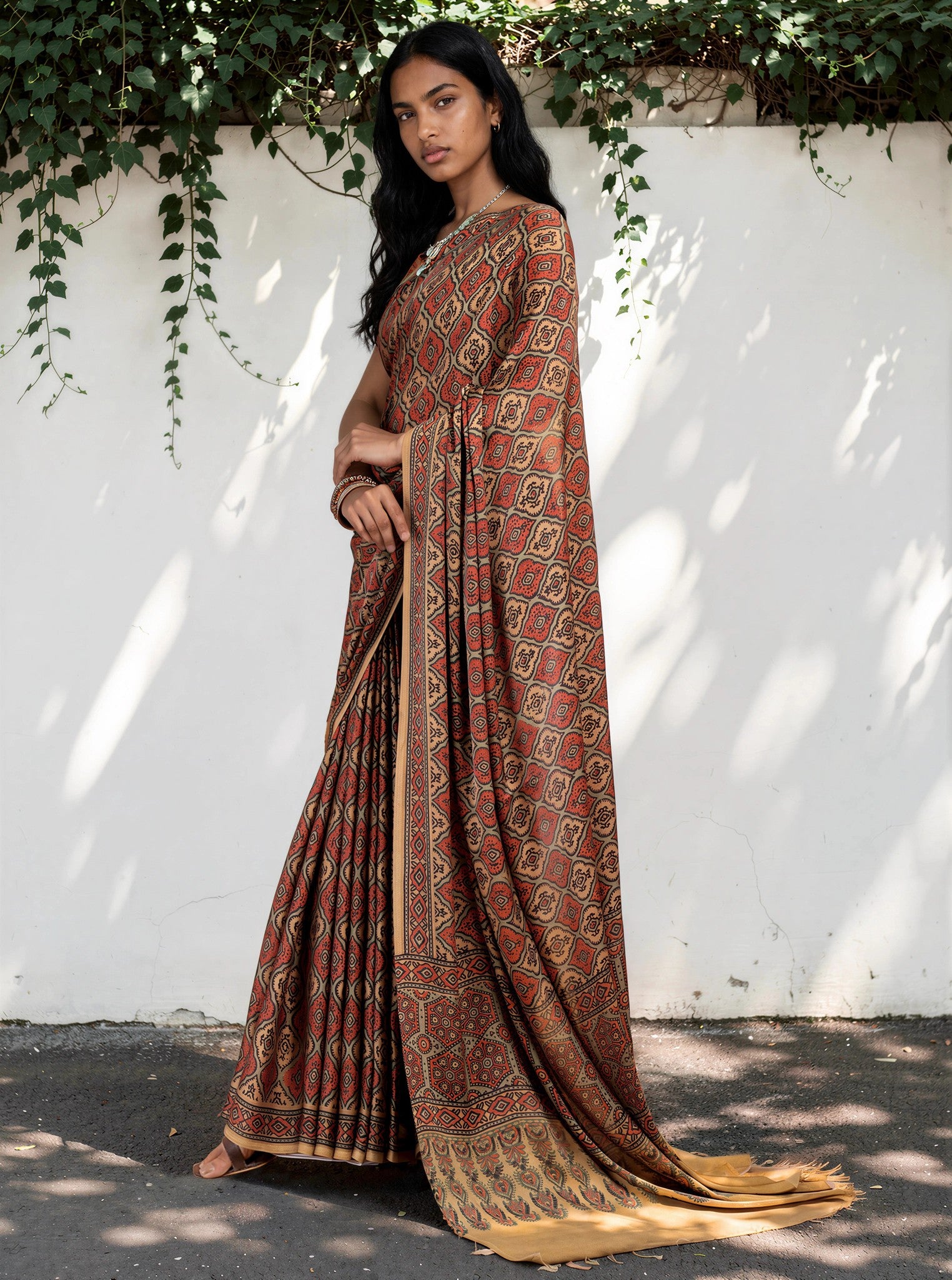 Coffee Brown Ethnic Motif Satin Georgette Saree