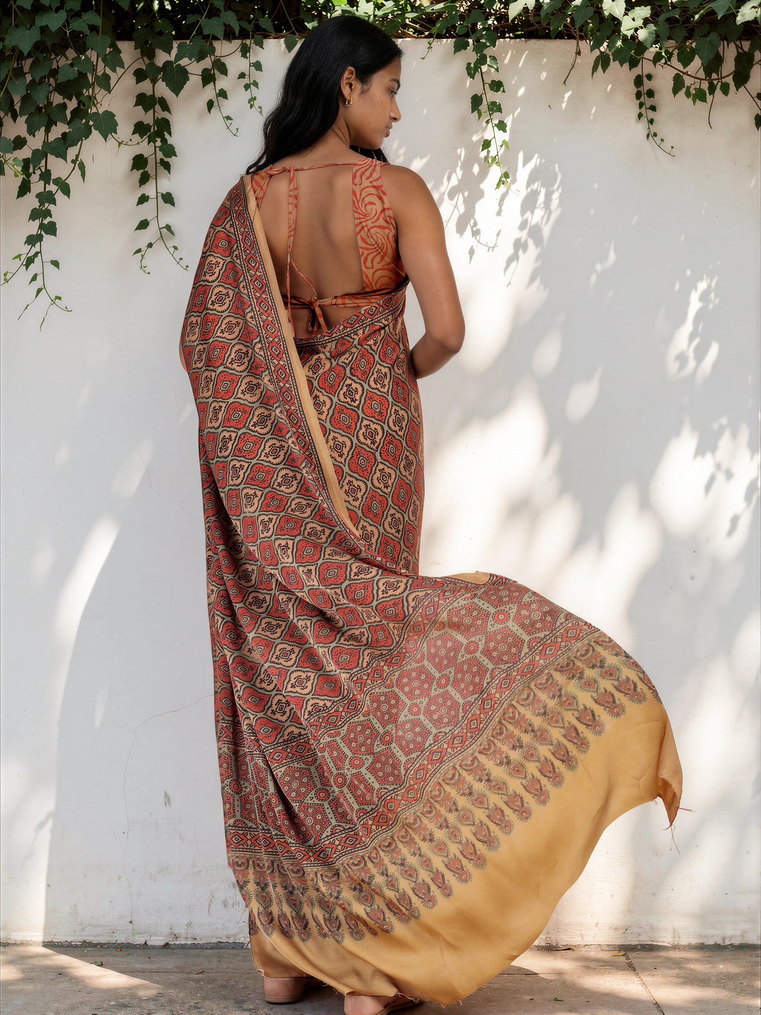 Coffee Brown Ethnic Motif Satin Georgette Saree