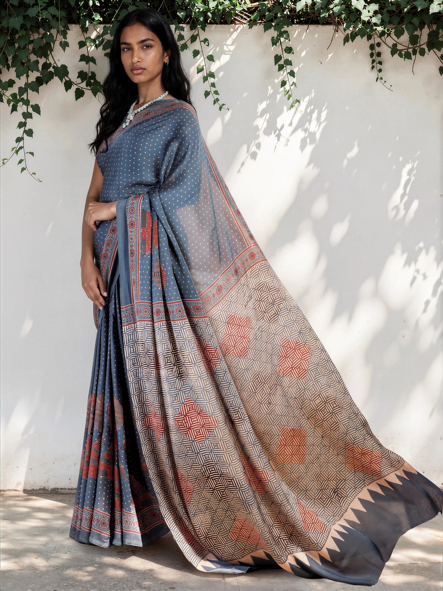 Denim Blue Ethnic Motif Satin Georgette Saree