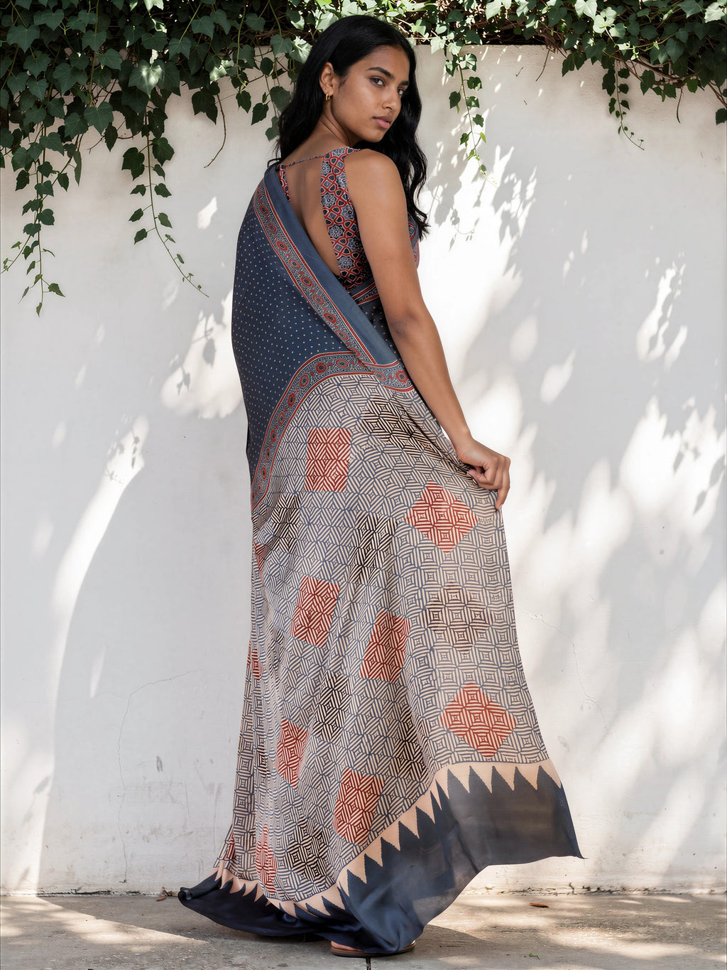 Denim Blue Ethnic Motif Satin Georgette Saree