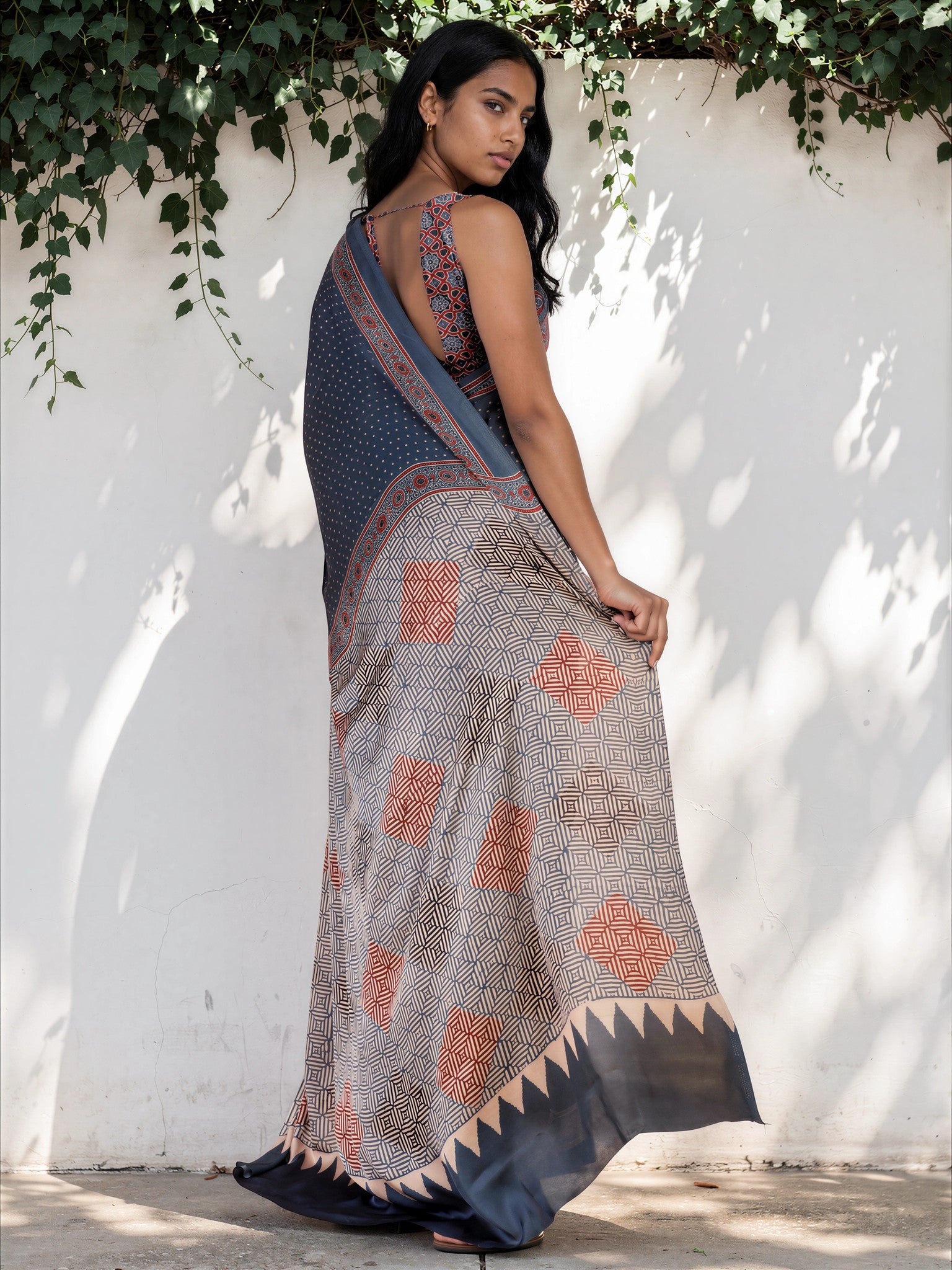 Denim Blue Ethnic Motif Satin Georgette Saree