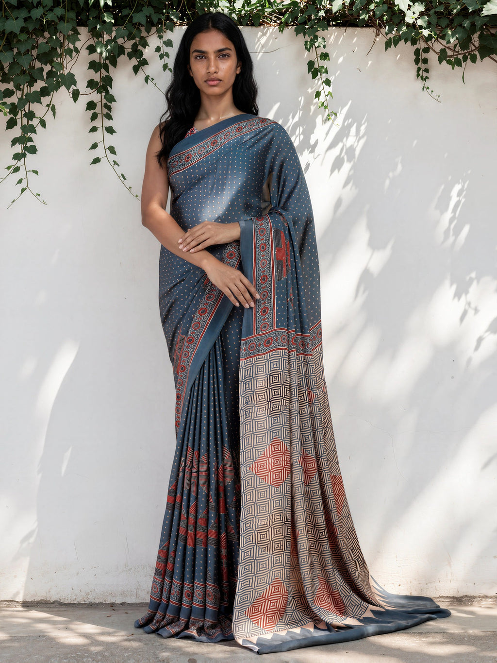 Denim Blue Ethnic Motif Satin Georgette Saree