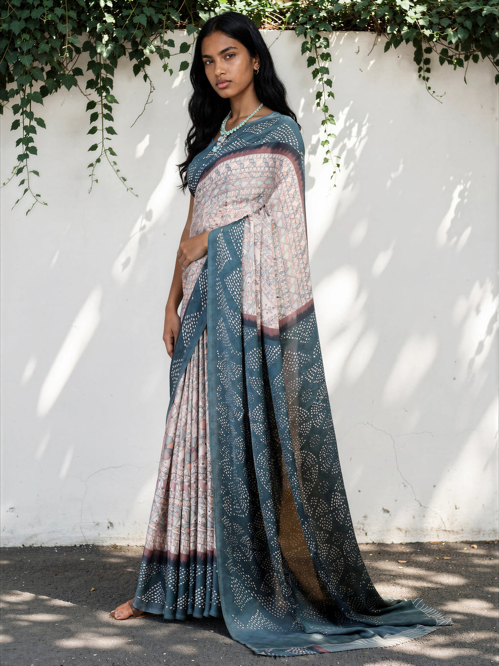 Steel Blue Ethnic Motif Satin Georgette Saree