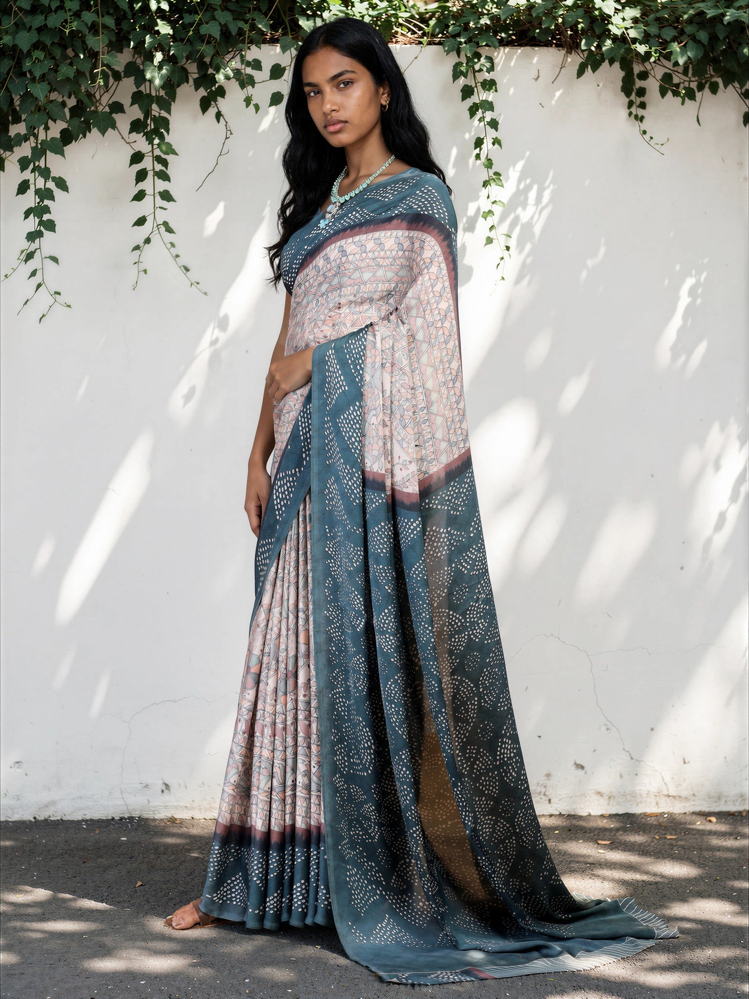 Steel Blue Ethnic Motif Satin Georgette Saree