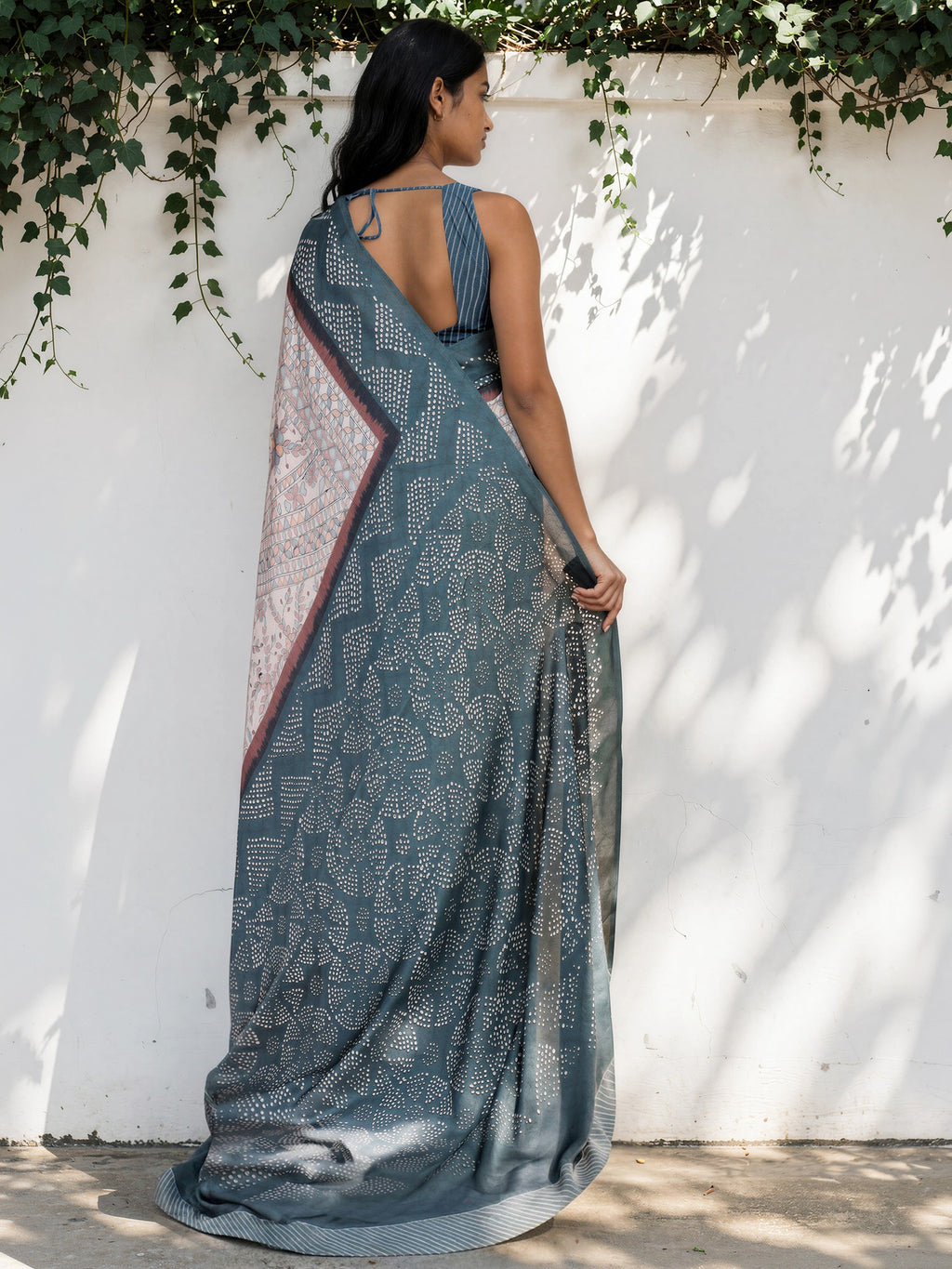 Steel Blue Ethnic Motif Satin Georgette Saree