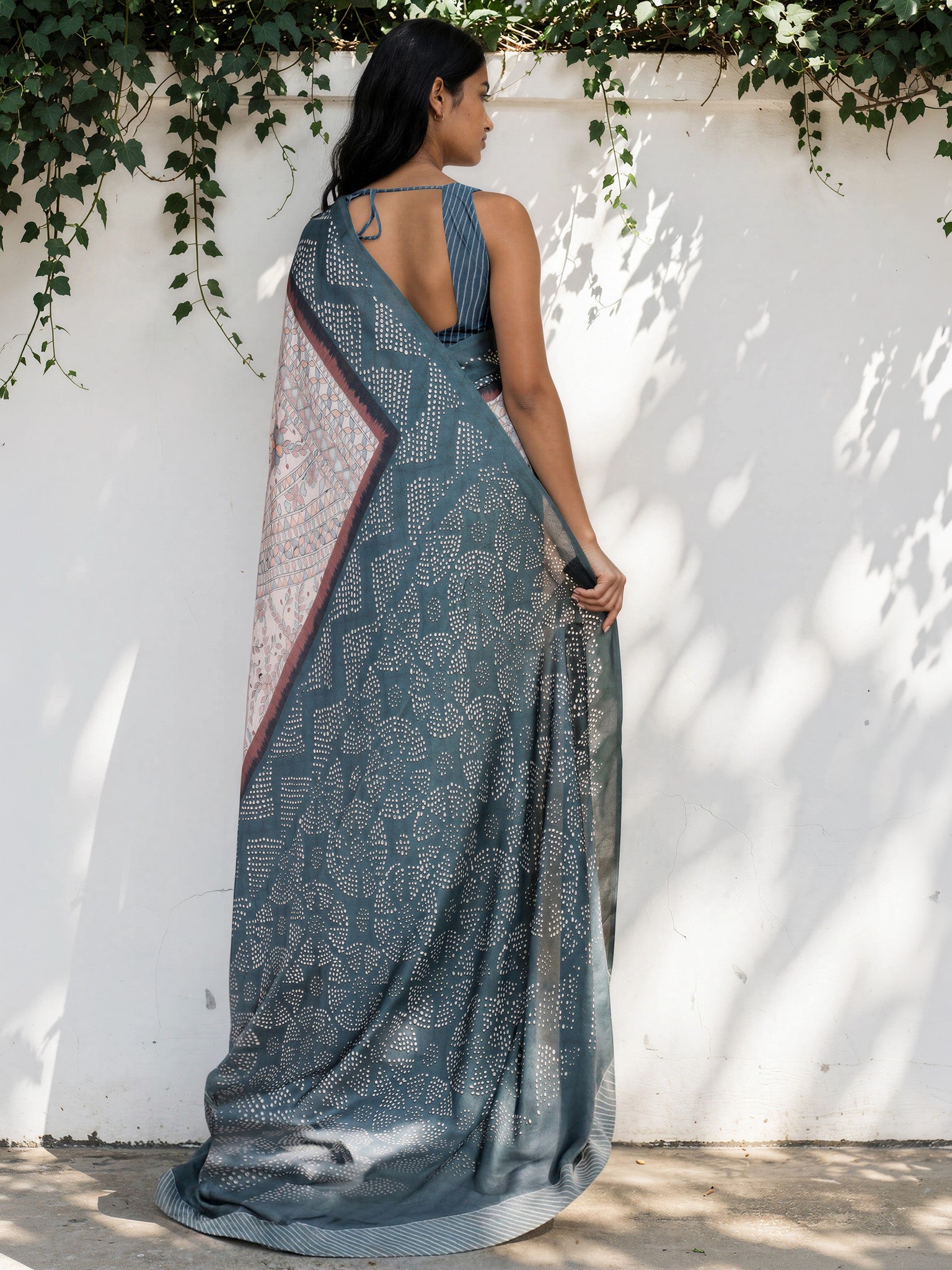 Steel Blue Ethnic Motif Satin Georgette Saree