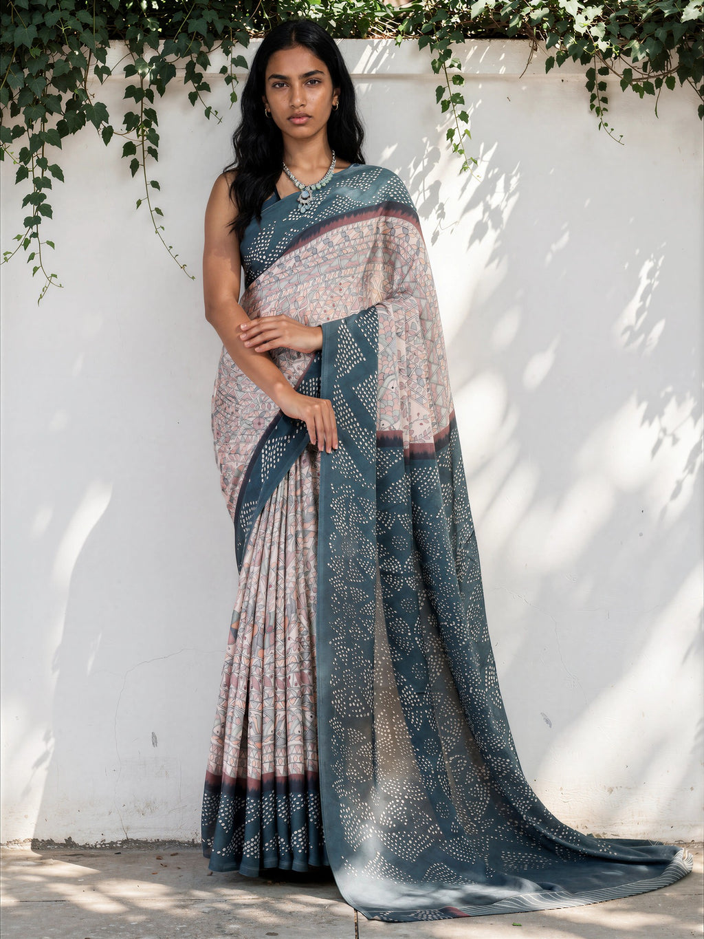 Steel Blue Ethnic Motif Satin Georgette Saree