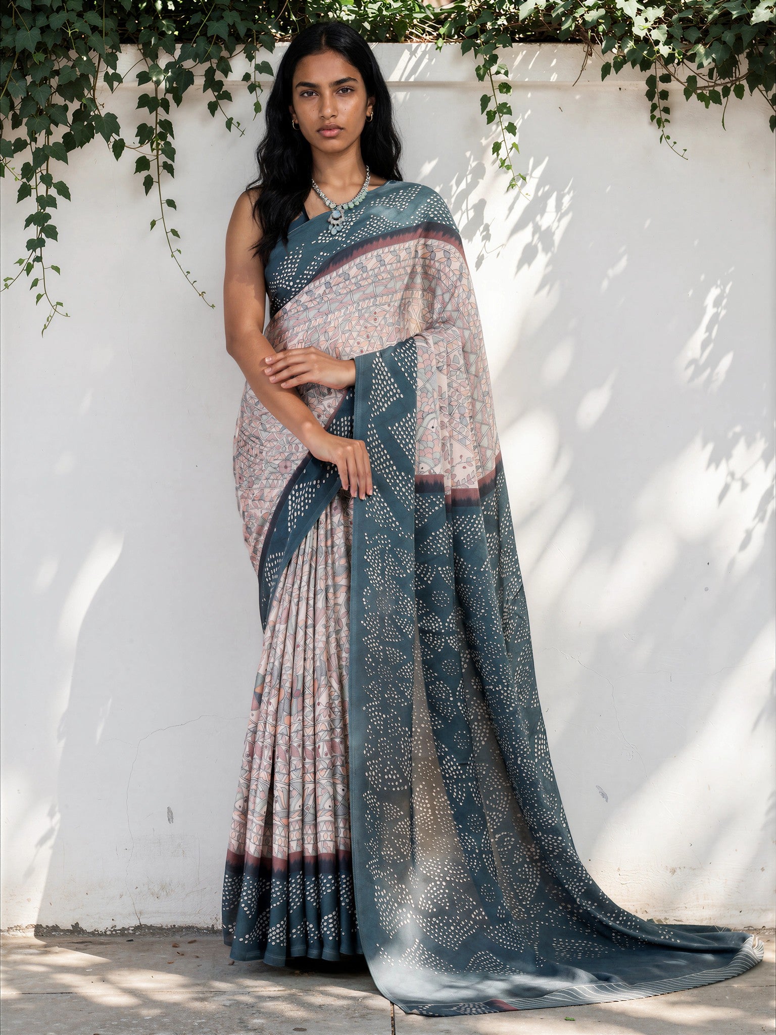 Steel Blue Ethnic Motif Satin Georgette Saree