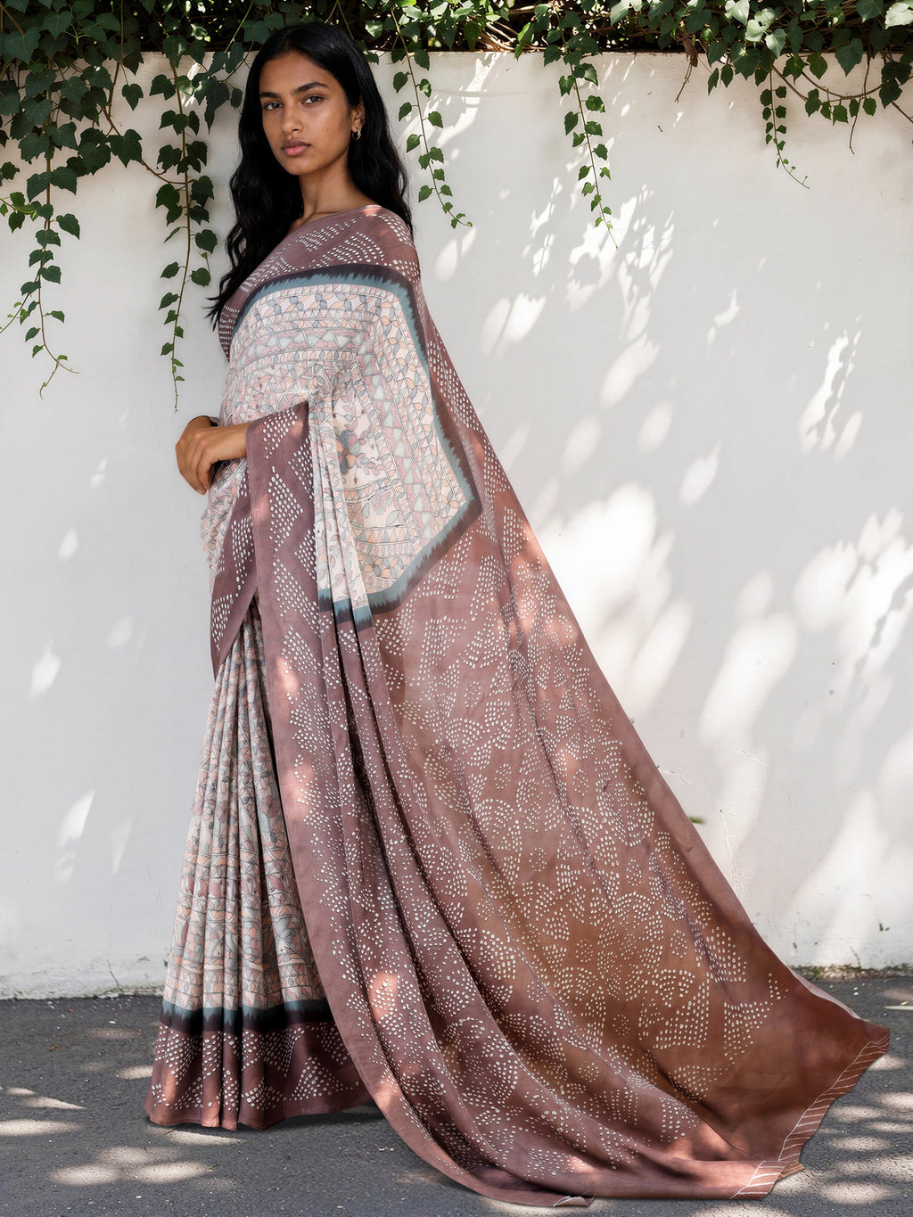 Lavender Purple Ethnic Motif Satin Georgette Saree