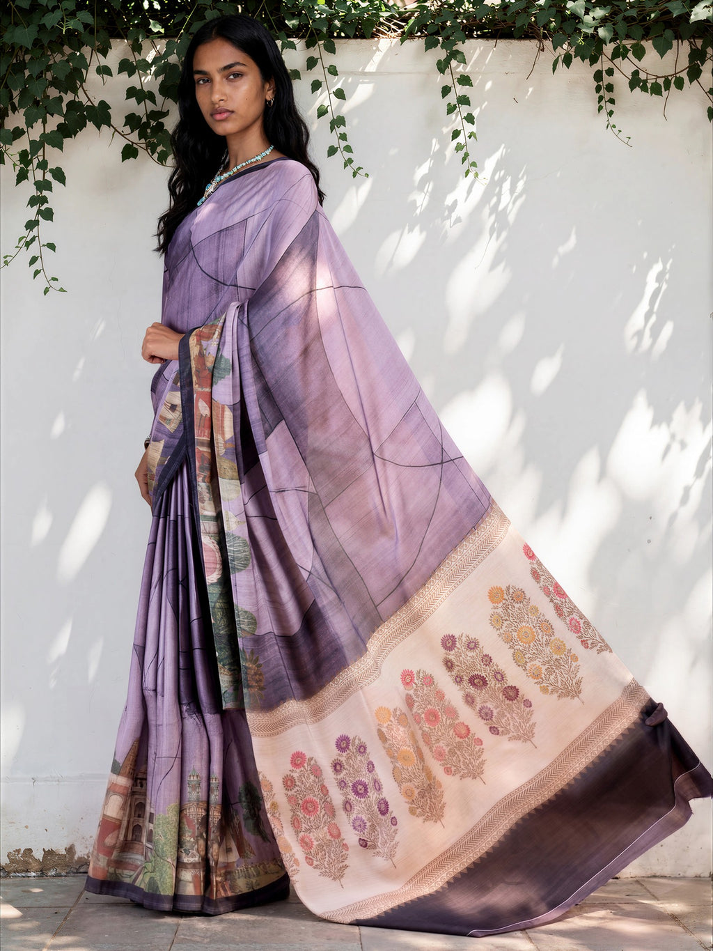 Periwinkle Blue Ethnic Motif Satin Georgette Saree