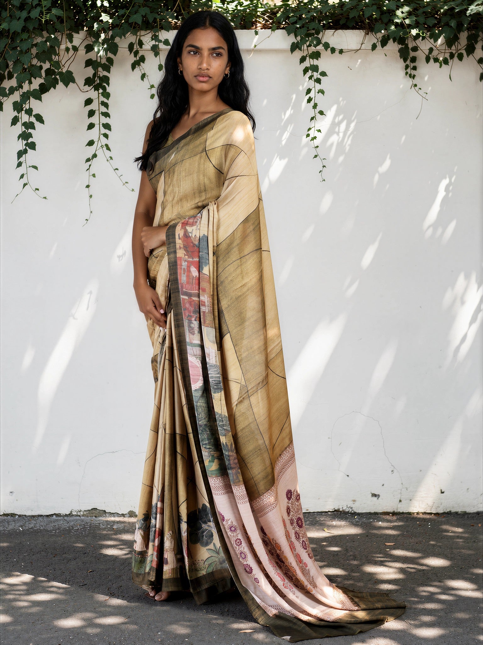 Champagne Gold Ethnic Motif Satin Georgette Saree