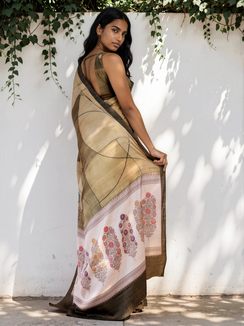 Champagne Gold Ethnic Motif Satin Georgette Saree