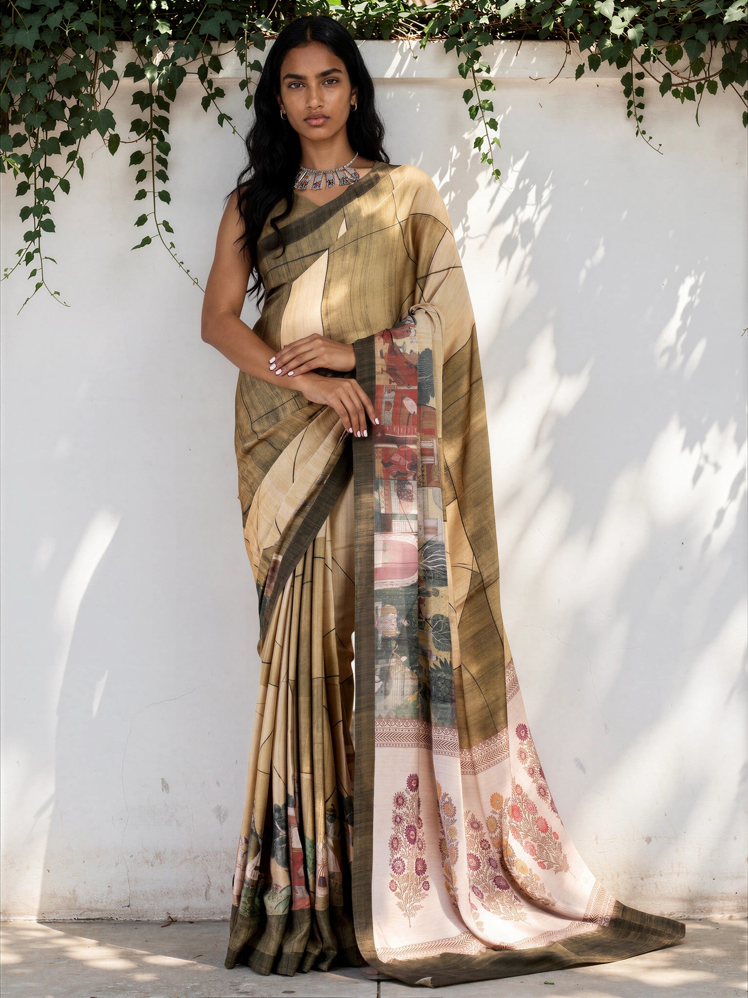 Champagne Gold Ethnic Motif Satin Georgette Saree