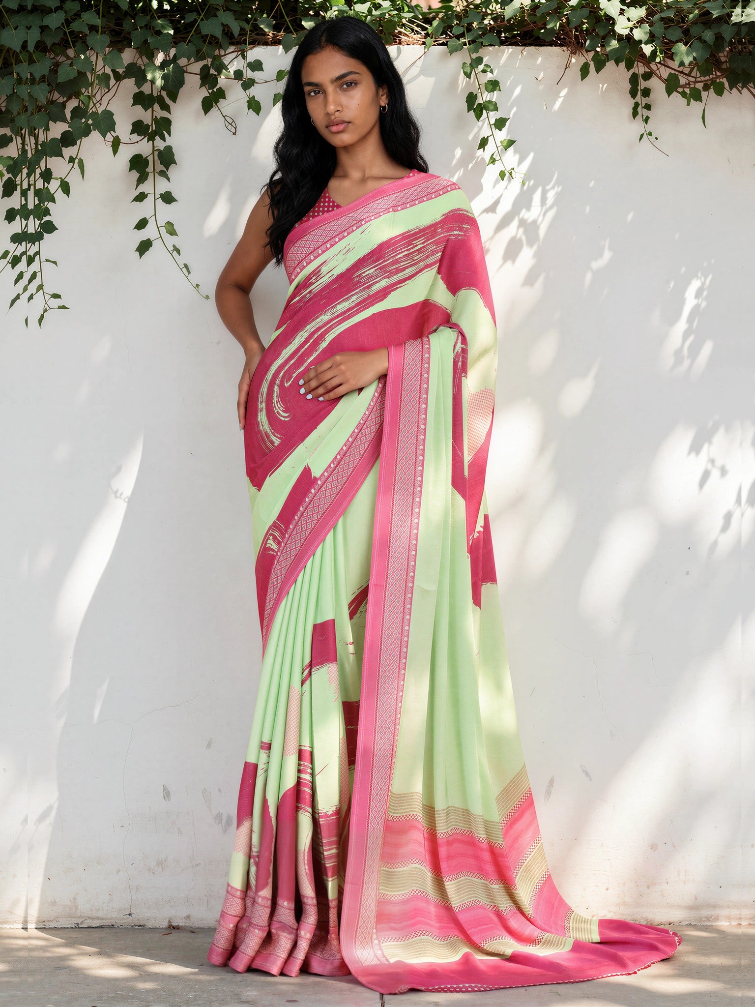 Bubblegum Pink Geometric  Satin Georgette Saree